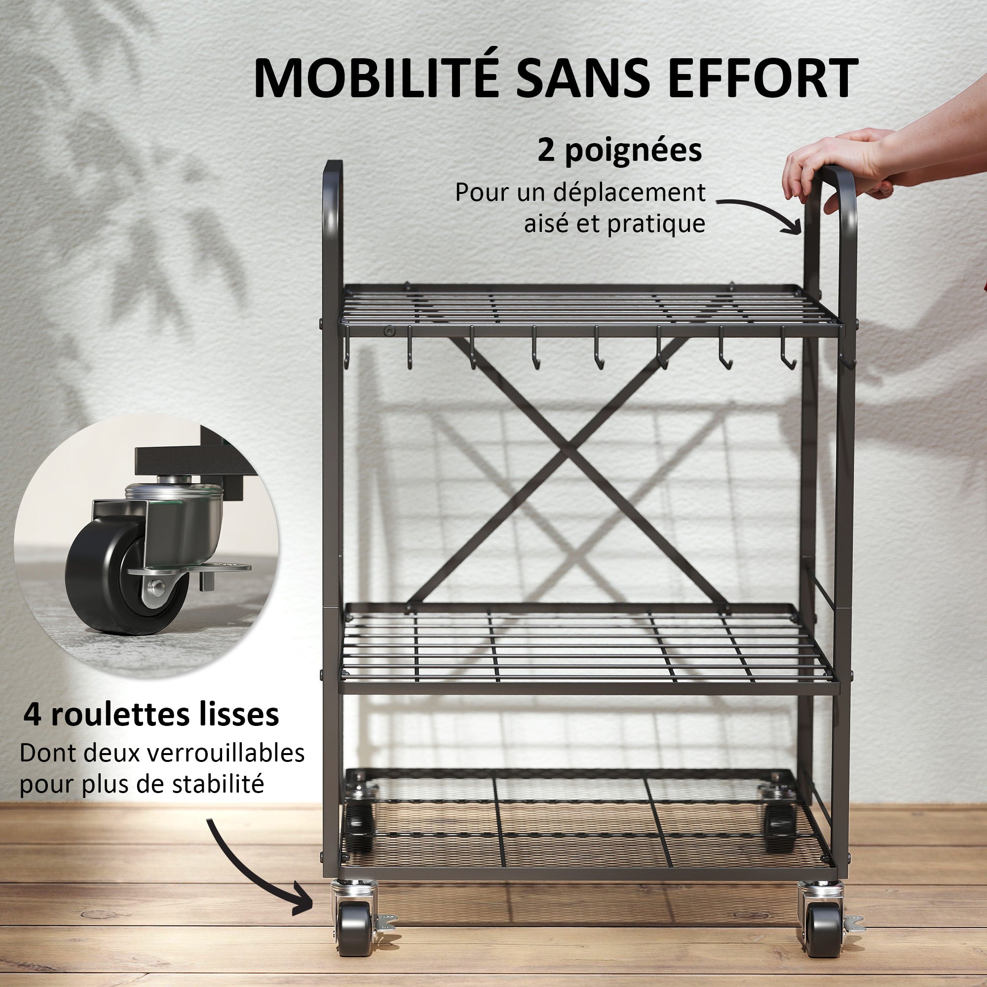 Garden Tool Organizer with 9 Hooks, 40-Compartment Garden Tool Holder, Metal Garage Tool Rack on Wheels for Pruners, Shovels, Rakes, Black