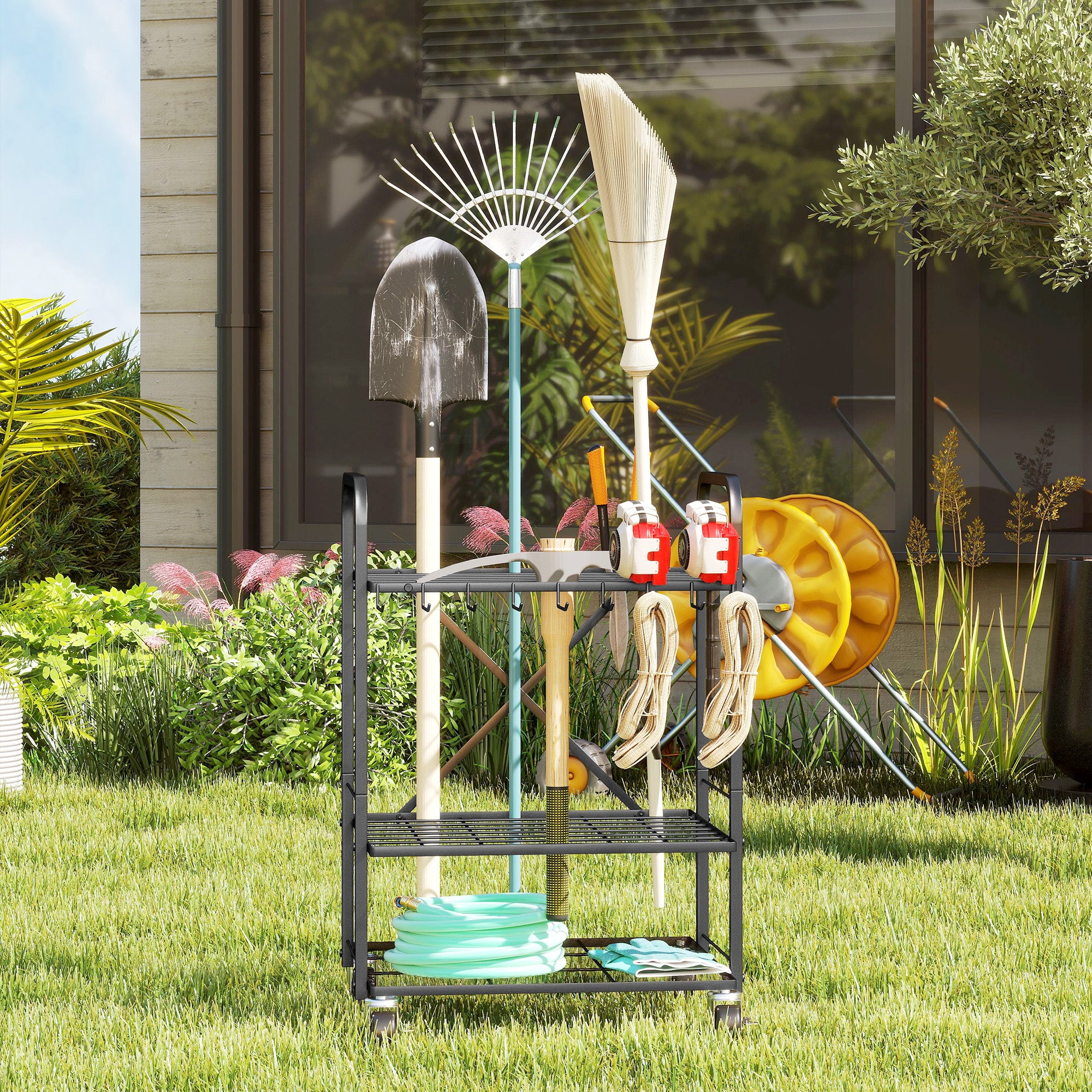 Garden Tool Organizer with 9 Hooks, 40-Compartment Garden Tool Holder, Metal Garage Tool Rack on Wheels for Pruners, Shovels, Rakes, Black