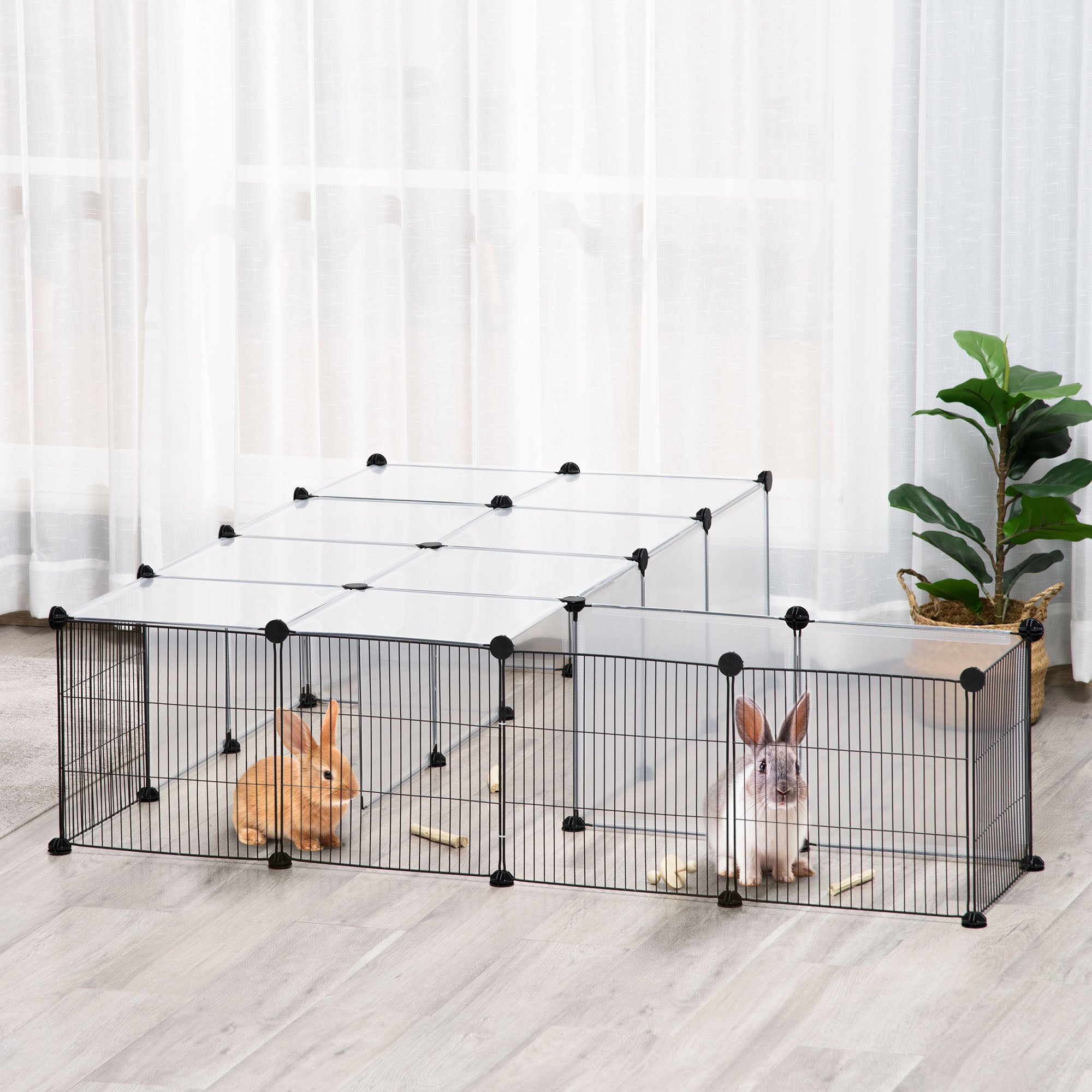 Small Animal Cage Pet Playpen with 27 Panels and Customizable Shape for Guinea Pigs Rabbits Chinchillas 140x70x70 cm Transparent