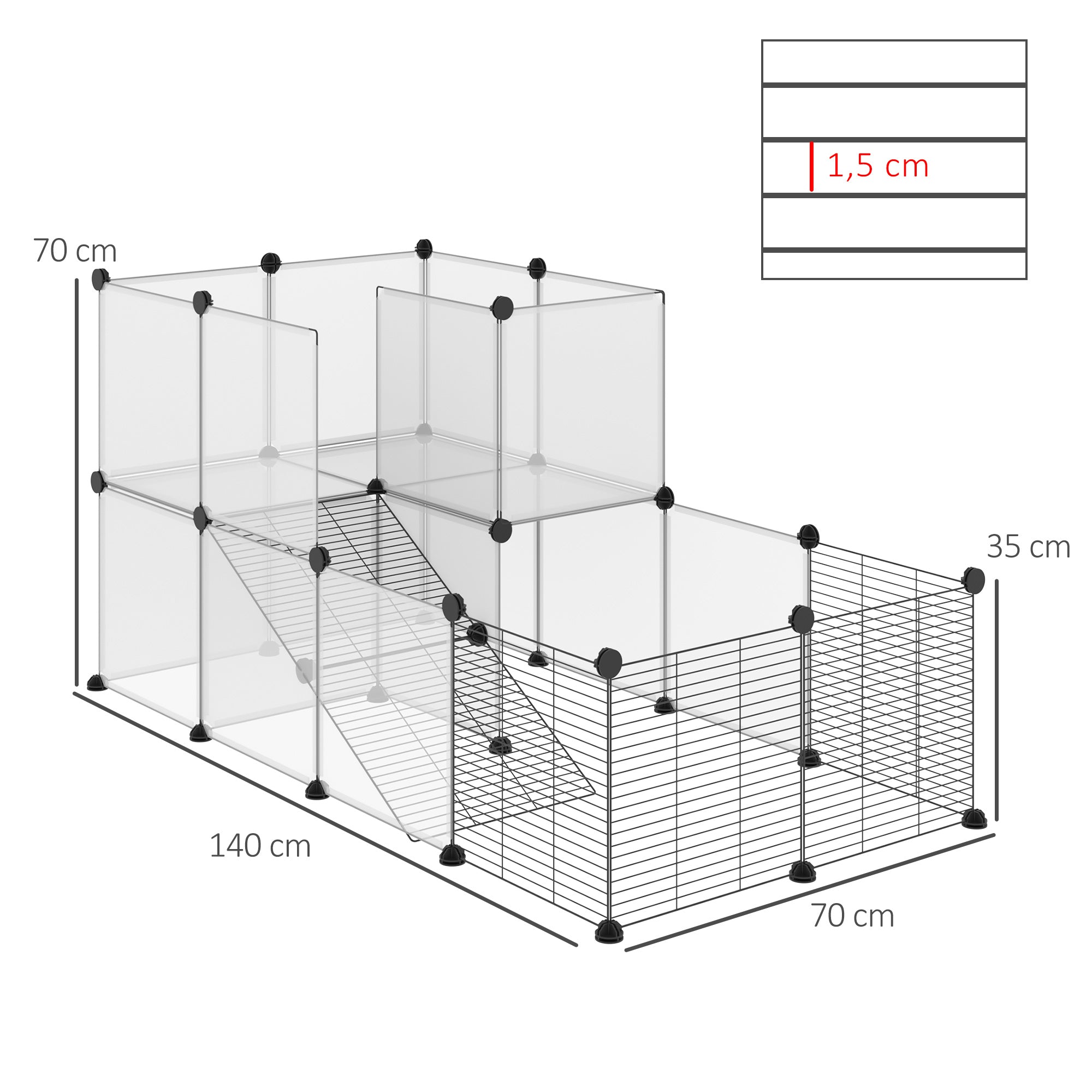 Small Animal Cage Pet Playpen with 27 Panels and Customizable Shape for Guinea Pigs Rabbits Chinchillas 140x70x70 cm Transparent