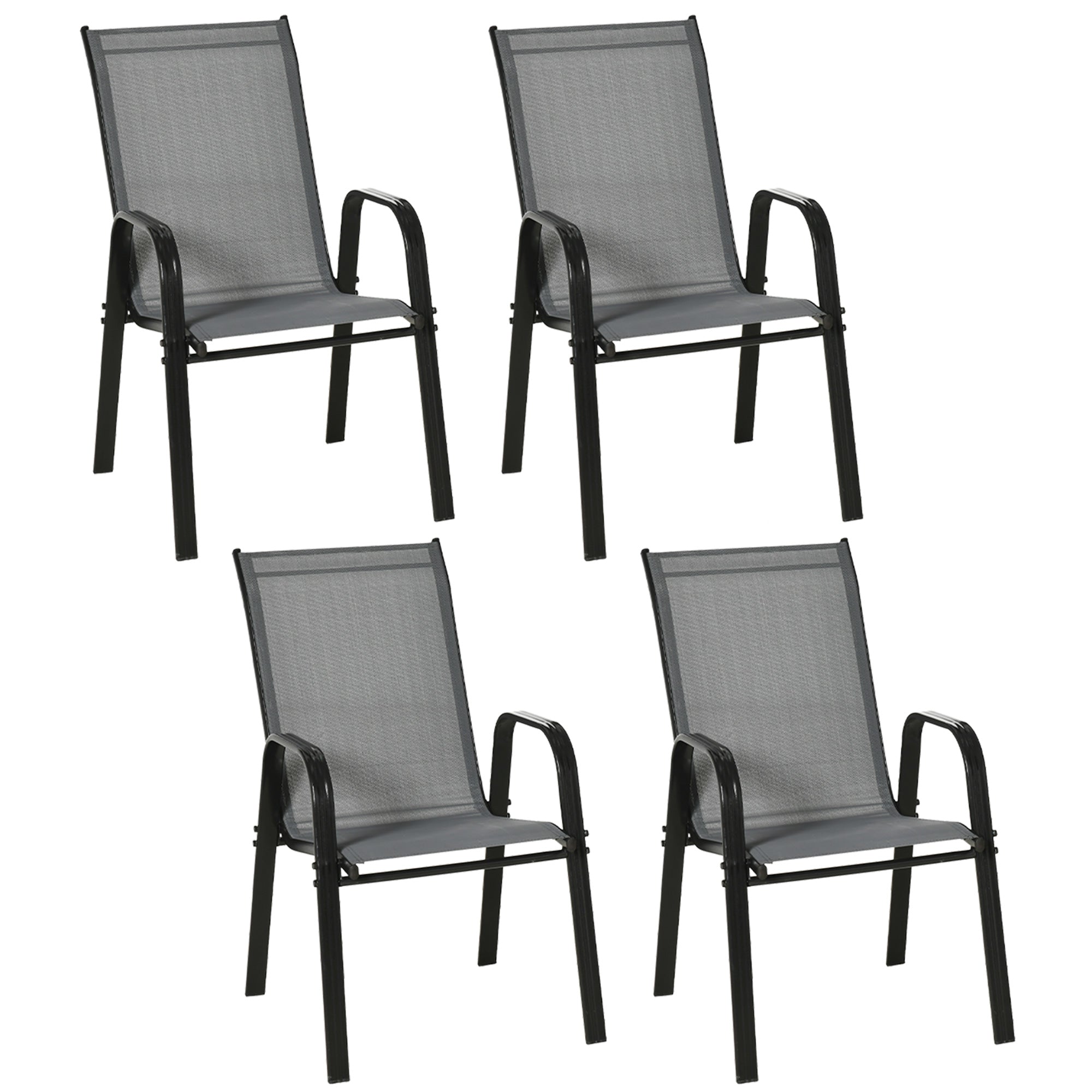 Set of 4 Garden Chairs Outdoor Terrace Chairs Stackable Dining Chair with Breathable Fabric Metal Frame Armrests and Backrest 54x75.5x95 cm Dark Gray