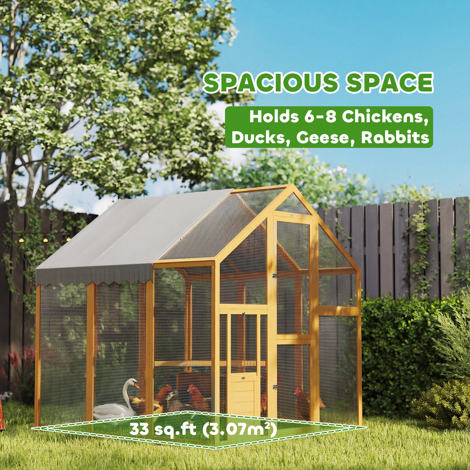 Walk-In Chicken Run, 3.07 m² (33 sq ft) — 1.7 x 1.8 x 1.8 m (5.6 x 5.9 x 5.9 ft) Wooden Run with Waterproof Cover, Safety Lock, Double Door, 2 Nest Boxes, 2 Perches — Fits 6–8 Chickens, Ducks, Geese, Rabbits