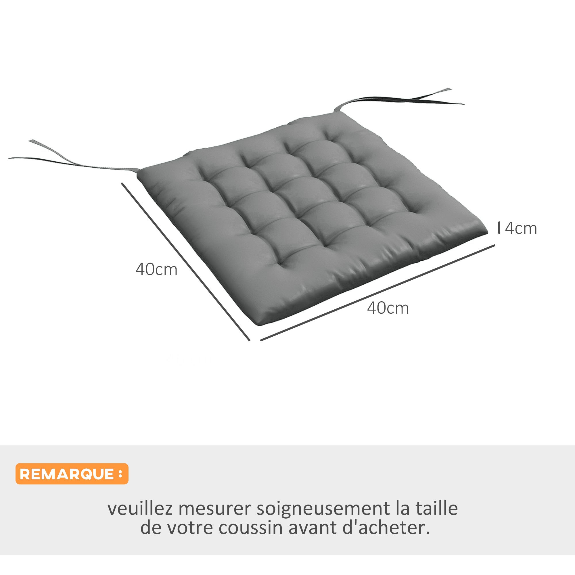Set of 6 garden chair cushions, Padded outdoor cushions, great comfort cm with ties, dimensions 40L x 40W cm Gray