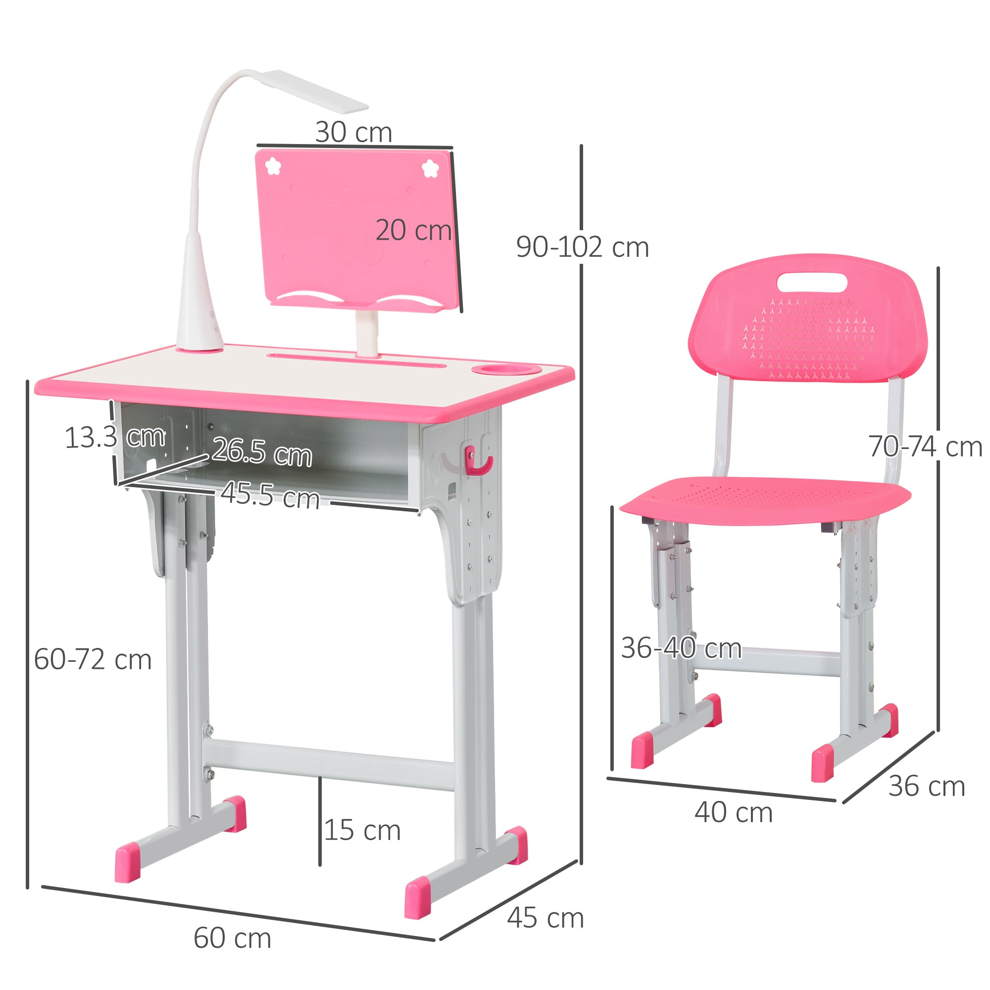Children's Desk and Chair Set for 6-12 Years with LED Lamp, Bookstand, and Shelf, Desk with Chair for Kids in PP, Steel, and MDF, Pink