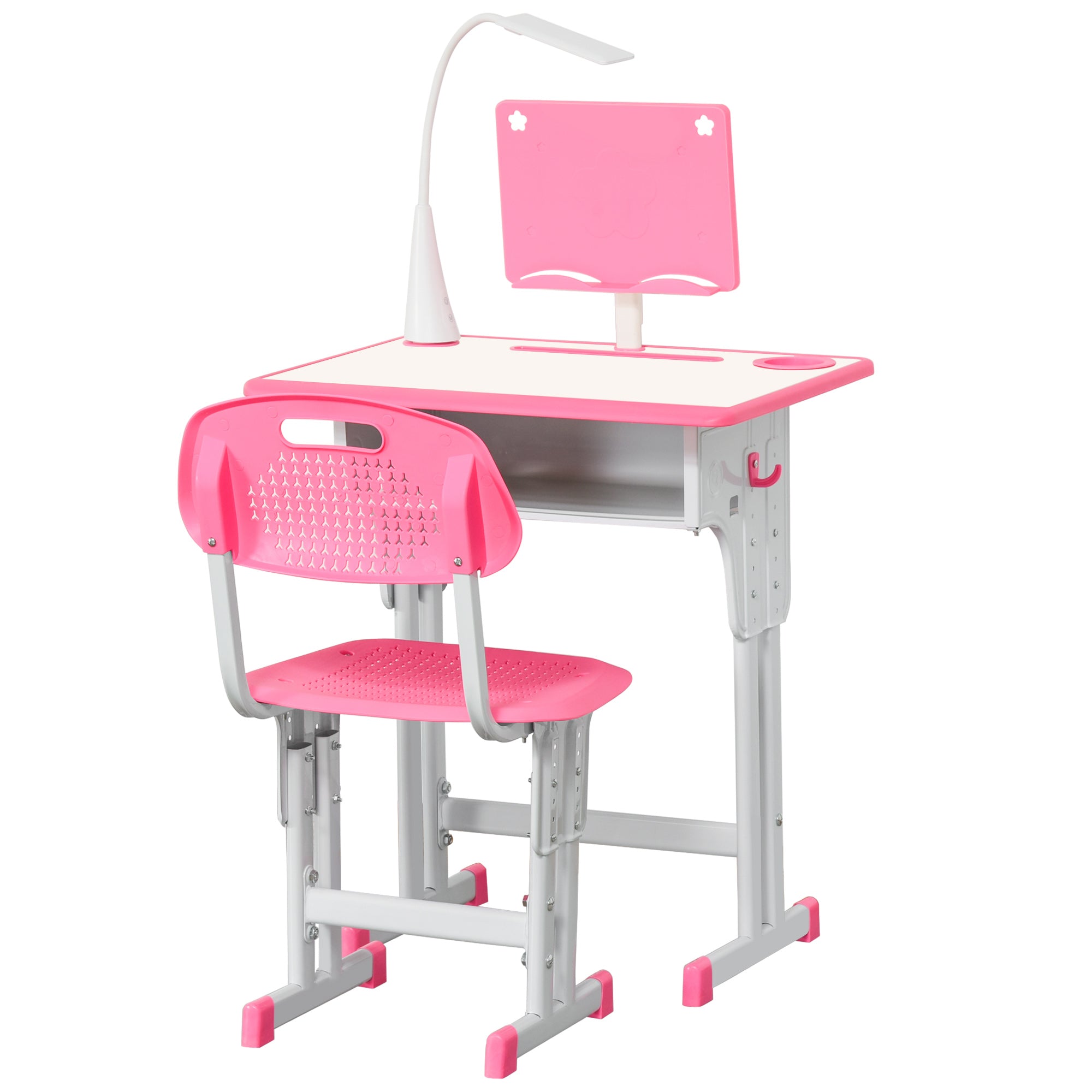 Children's Desk and Chair Set for 6-12 Years with LED Lamp, Bookstand, and Shelf, Desk with Chair for Kids in PP, Steel, and MDF, Pink