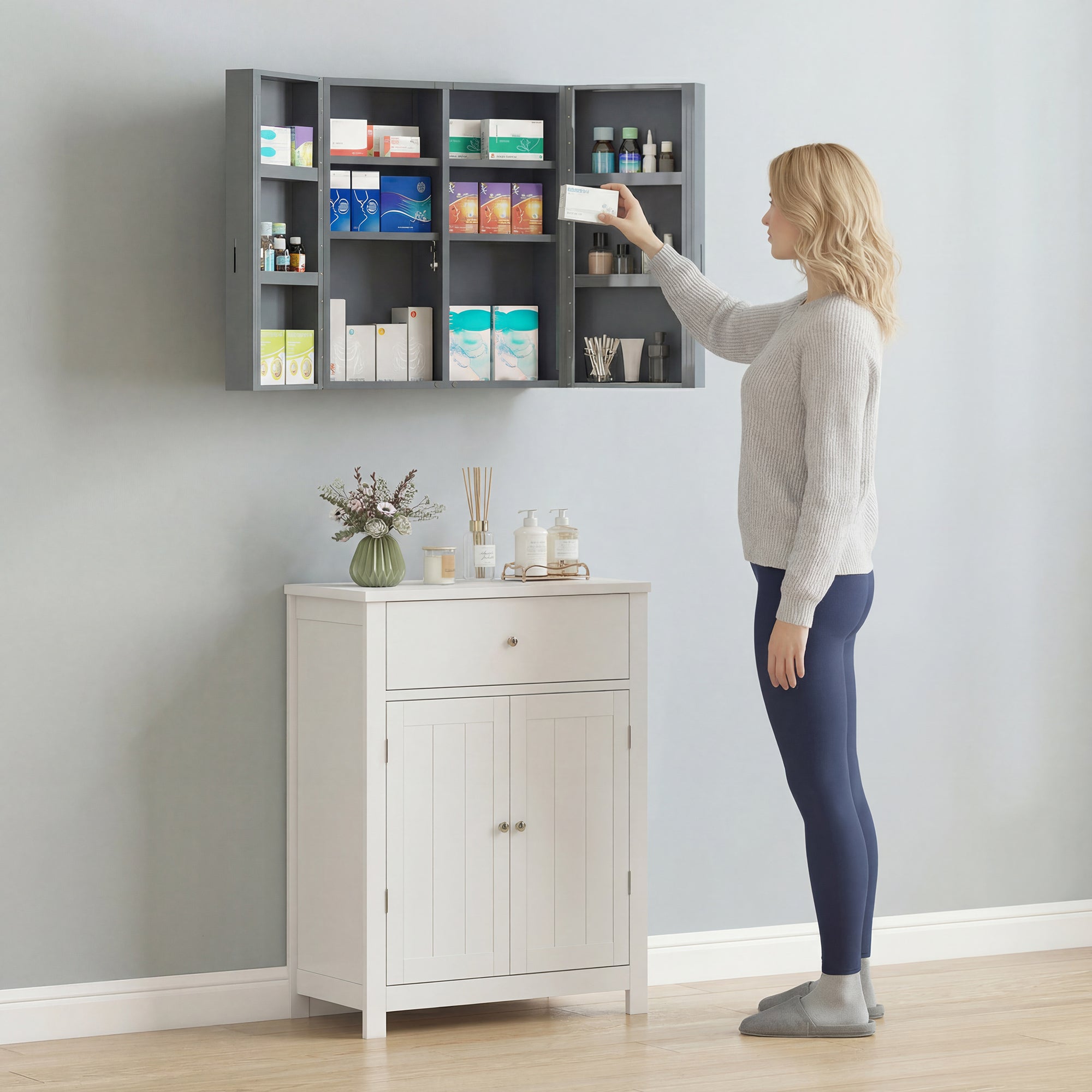 Lockable Medicine Cabinet — 2-Door Steel First-Aid Cabinet with 6 Shelves, Charcoal Gray (21.7 x 7.1 x 23.6 in)