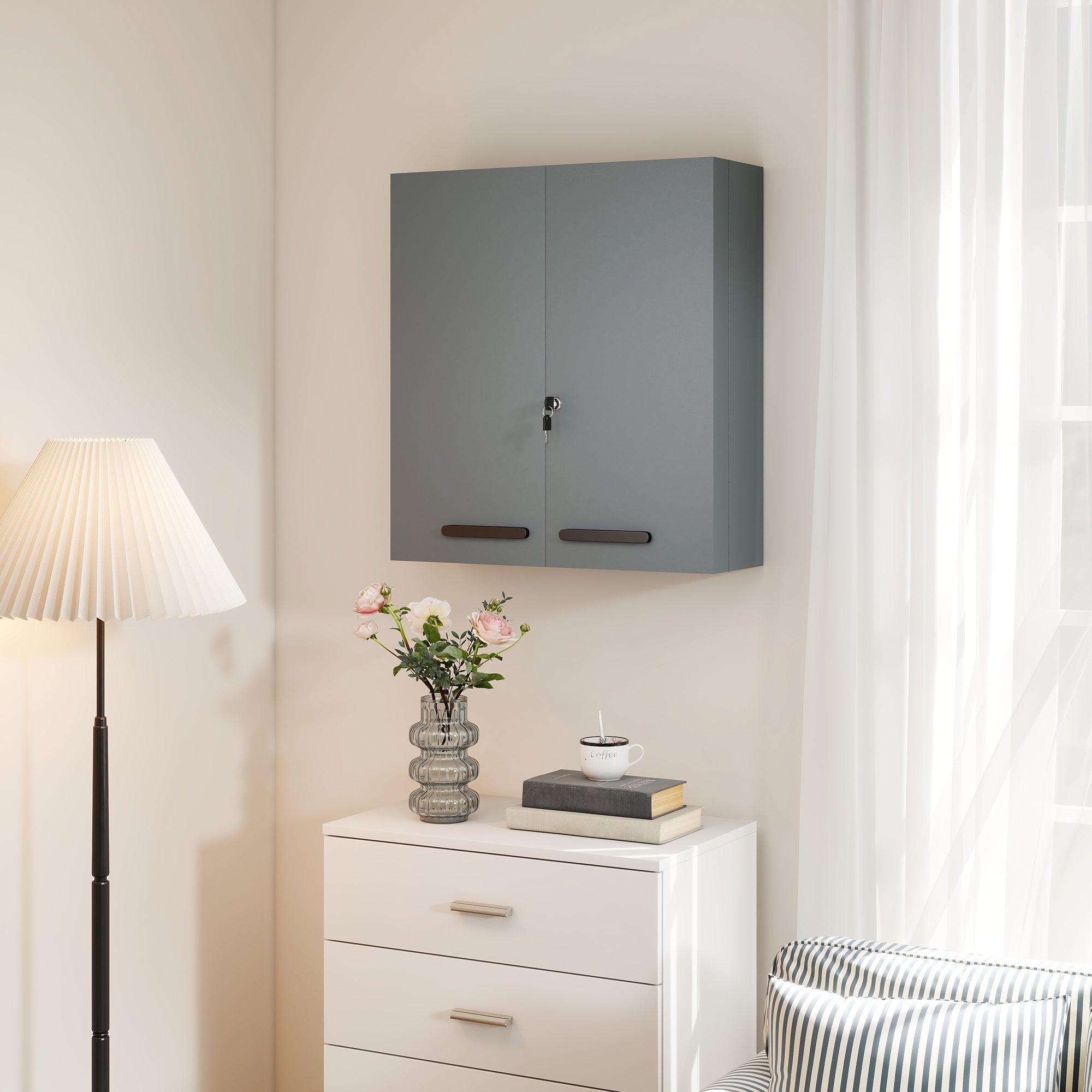 Lockable Medicine Cabinet — 2-Door Steel First-Aid Cabinet with 6 Shelves, Charcoal Gray (21.7 x 7.1 x 23.6 in)