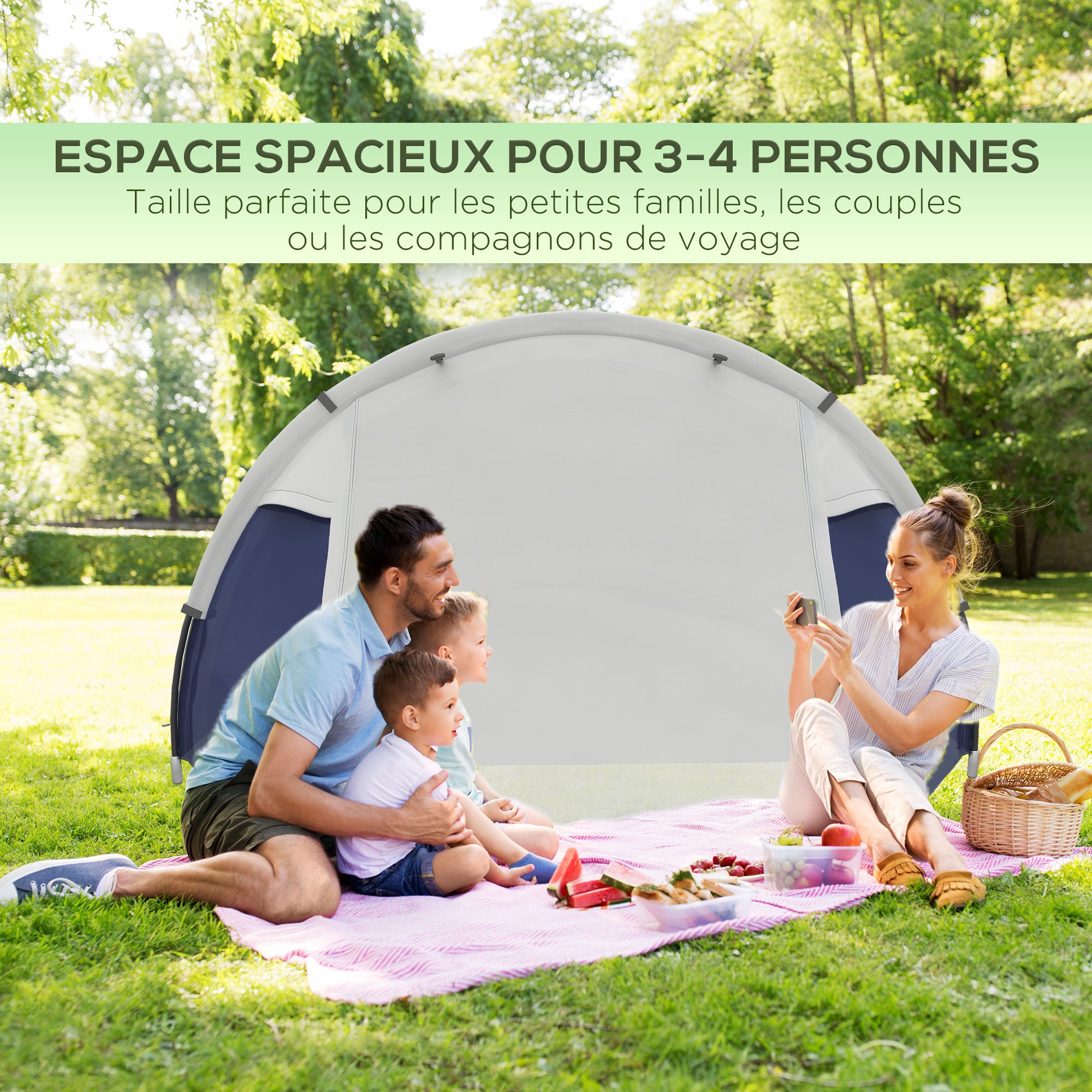 Lightweight Ventilated Dome Camping Tent for 3/4 People with Zippered Doors, Included Carrying Bag Oxford 320 x 240 x 130 cm Dark Blue Light Gray