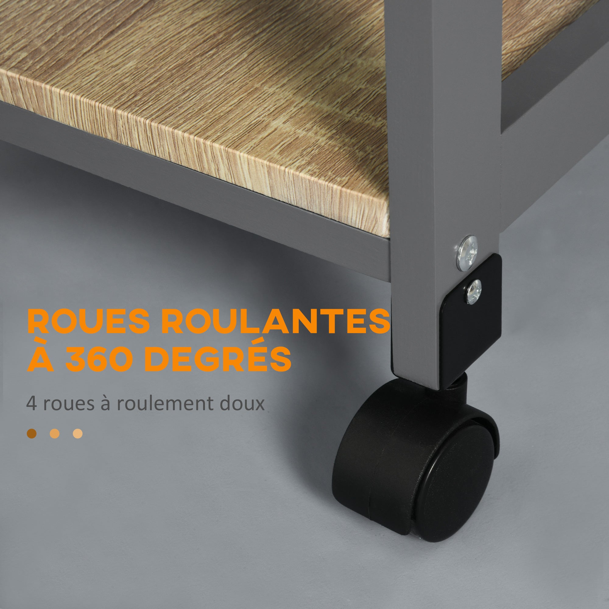 Kitchen Serving Trolley Cart on Wheels with Basket + 2 Removable Trays, Drawer, Shelf in Light Oak Wood and Gray Pine Wood