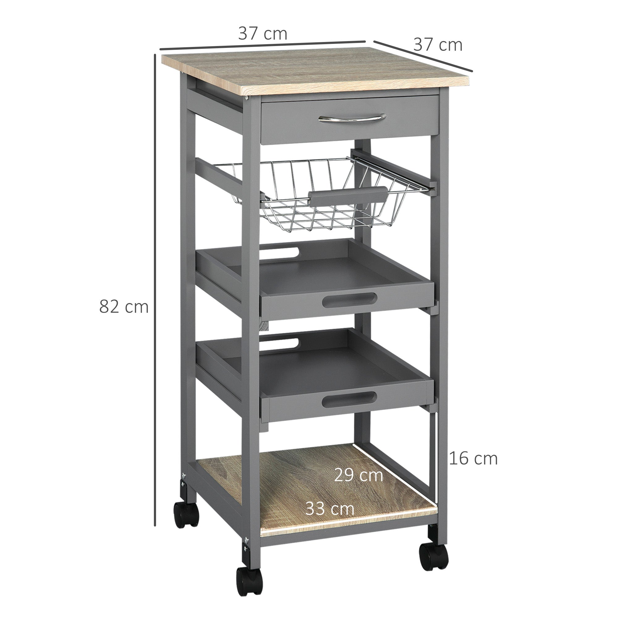 Kitchen Serving Trolley Cart on Wheels with Basket + 2 Removable Trays, Drawer, Shelf in Light Oak Wood and Gray Pine Wood