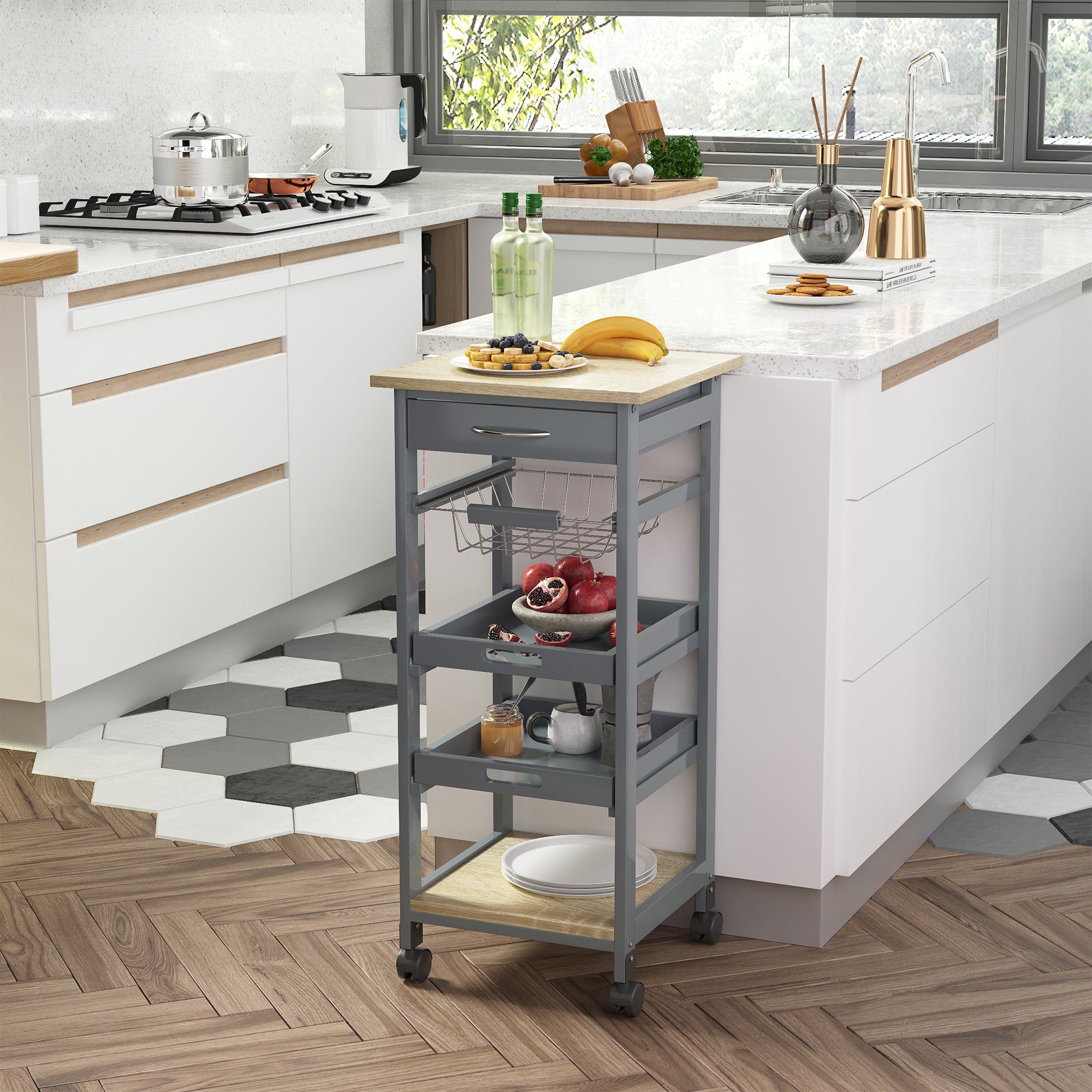 Kitchen Serving Trolley Cart on Wheels with Basket + 2 Removable Trays, Drawer, Shelf in Light Oak Wood and Gray Pine Wood