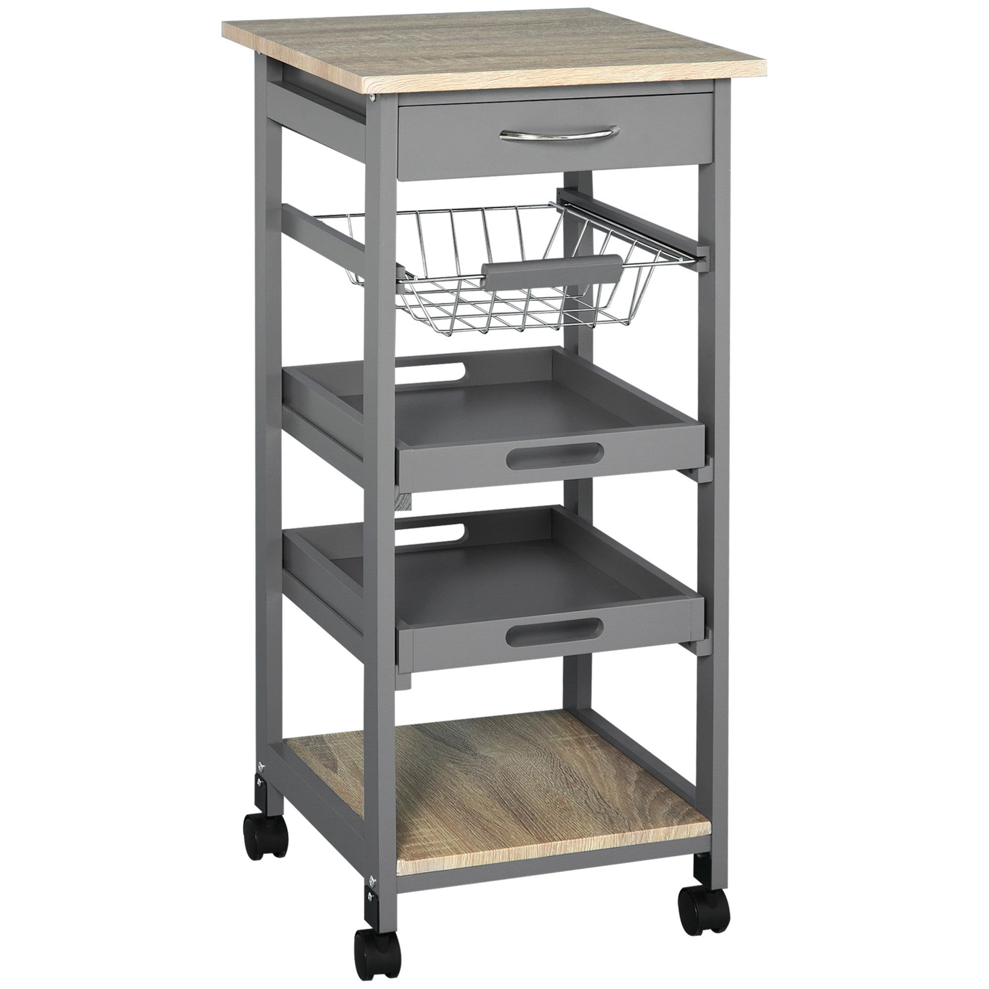Kitchen Serving Trolley Cart on Wheels with Basket + 2 Removable Trays, Drawer, Shelf in Light Oak Wood and Gray Pine Wood