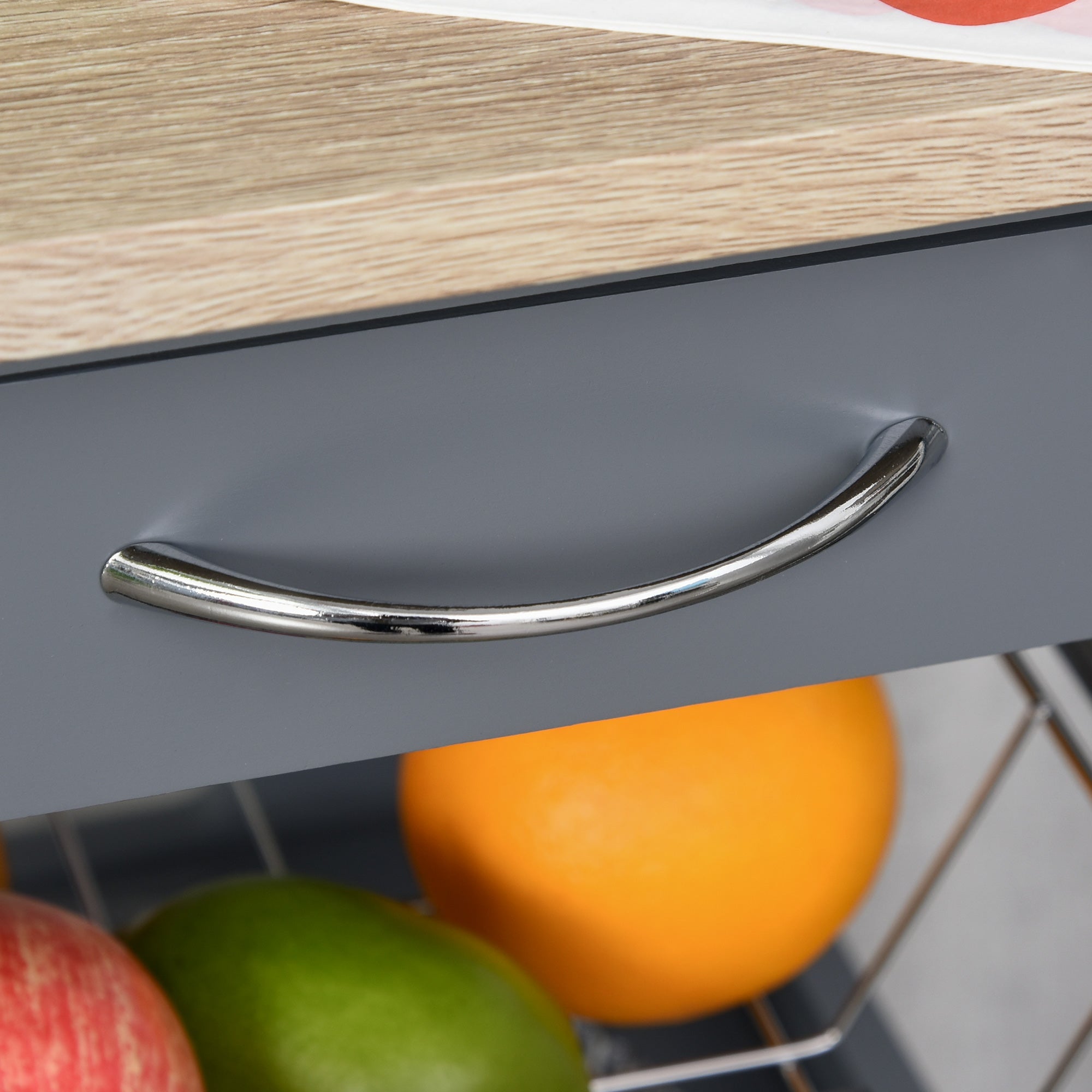 Kitchen Serving Trolley Cart on Wheels with Basket + 2 Removable Trays, Drawer, Shelf in Light Oak Wood and Gray Pine Wood