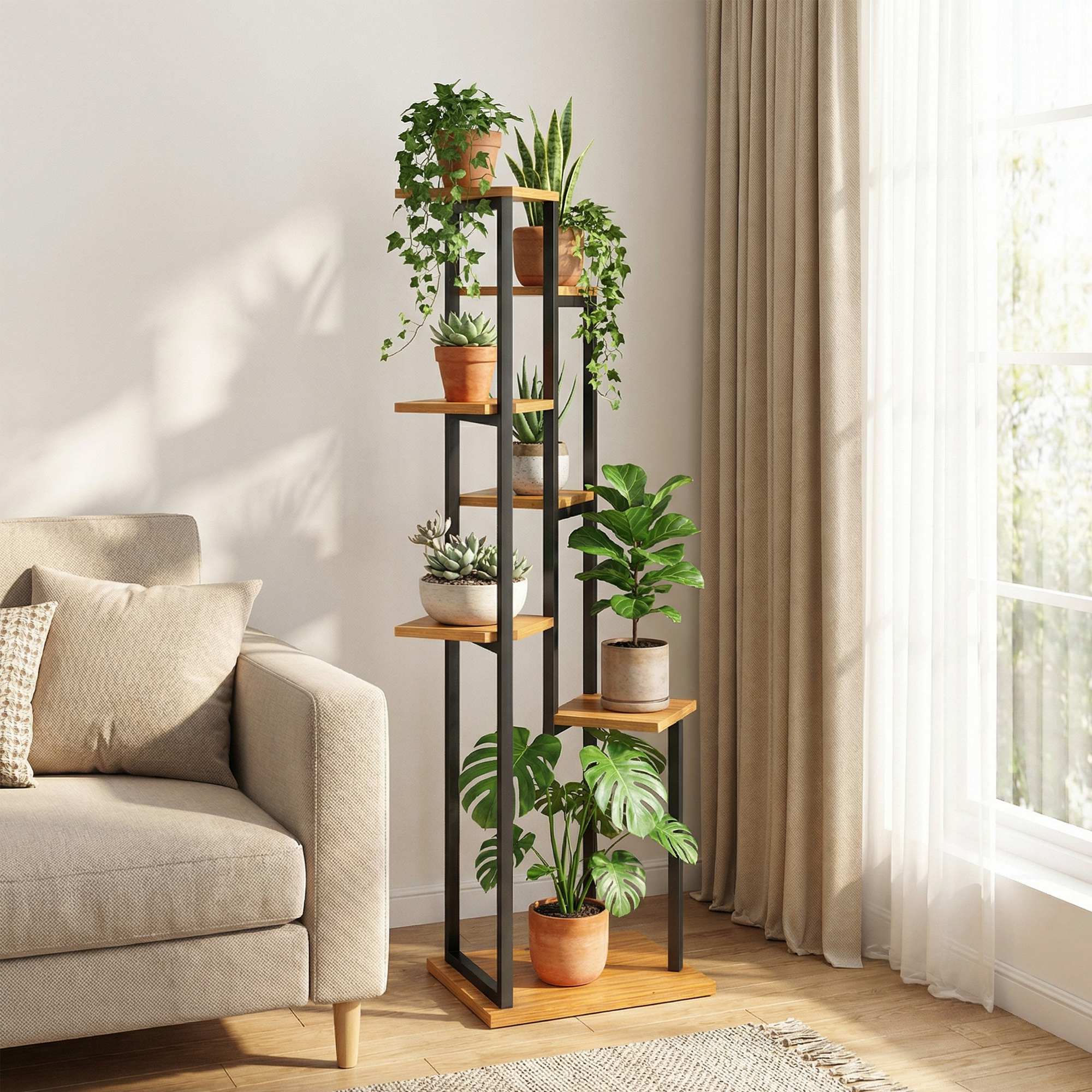 7-Tier Plant Stand, 51.2 in Tall Staggered Wooden & Steel Flower Shelf – Light Brown