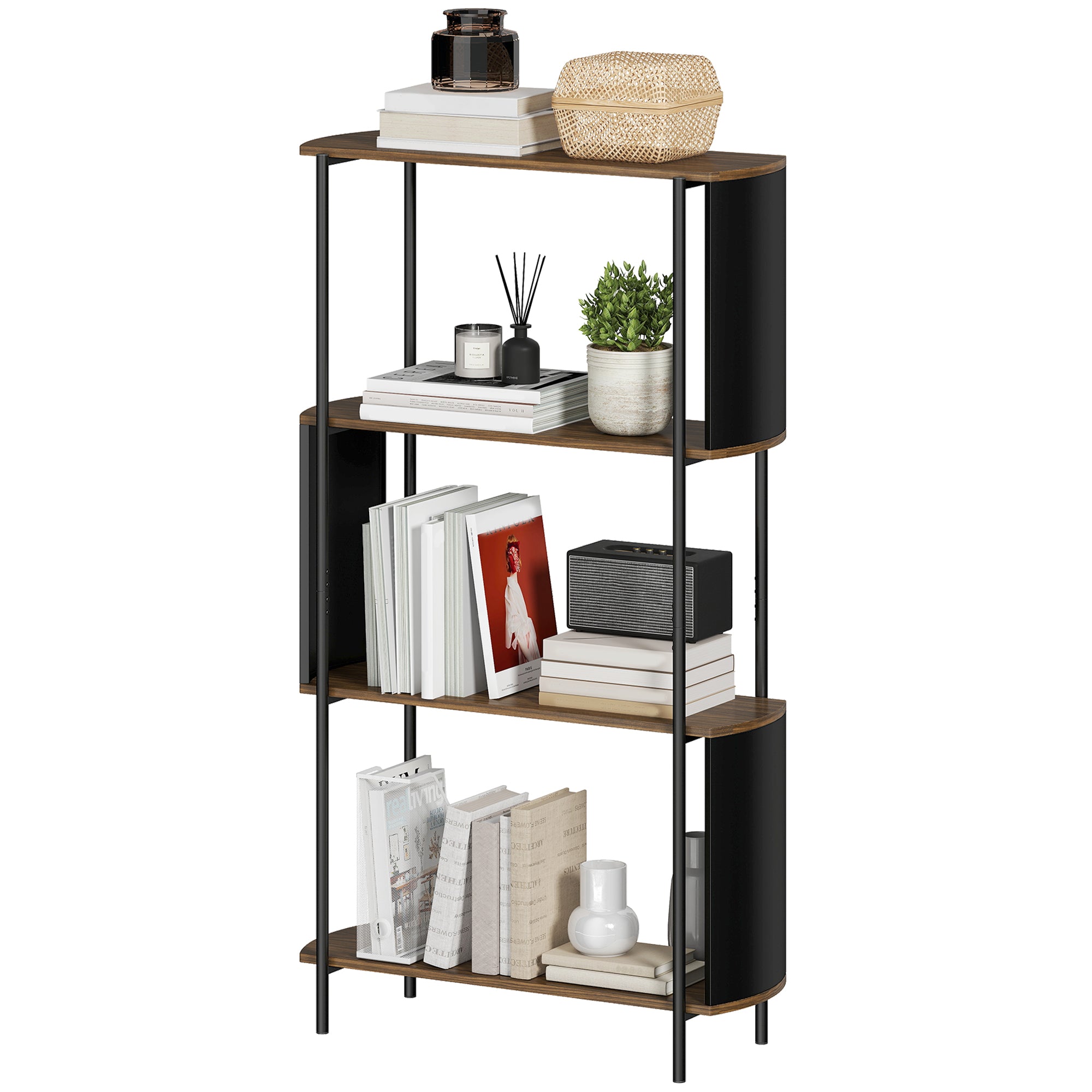 4-Tier Storage Shelf, 4-Shelf Bookcase with Curved Side Panels, Industrial Style Steel Frame Storage Unit for Office, Living Room, Bedroom — 31.5 x 11.8 x 55.5 in (80 x 30 x 141 cm), Brown