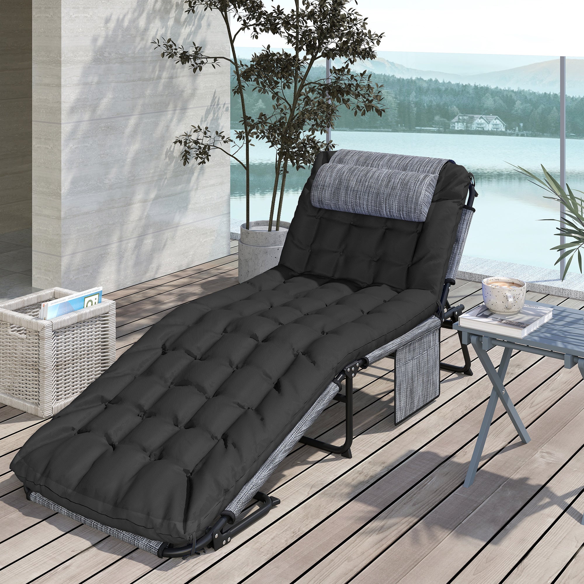 Folding Outdoor Sun Lounger with Pillow — 4-Position Adjustable Backrest, Side Pocket, Weather-Resistant — Supports up to 265 lb — Black