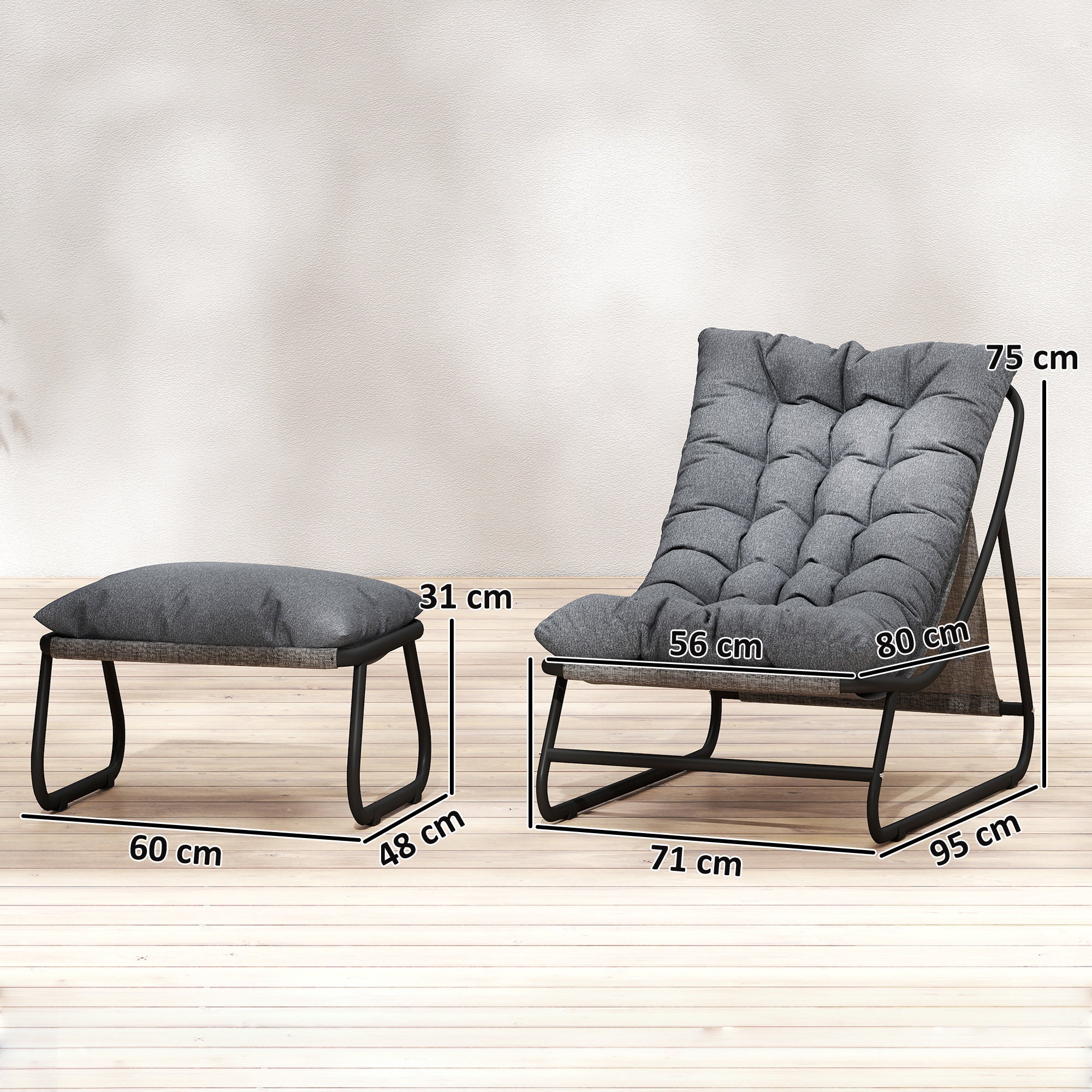 Outdoor Lounge Chair with Ottoman — 13 cm (5.1 in) Thick Cushion, Non-Slip Feet, Up to 120 kg (265 lb), Dark Gray