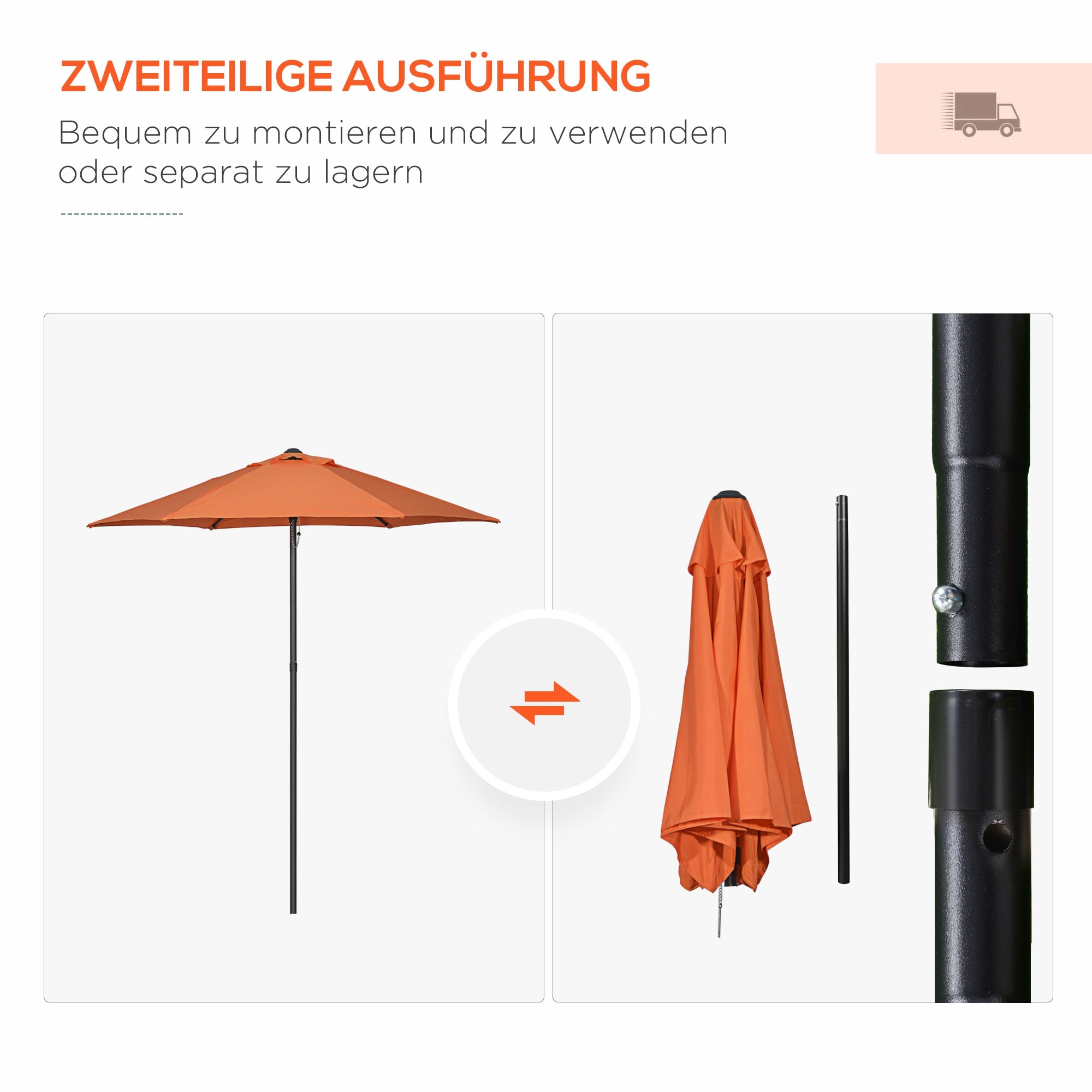 Umbrella Ø196 cm, hexagonal balcony umbrella beach umbrella wind resistant stable market umbrella crank umbrella sun protection for beach balcony garden, Orange