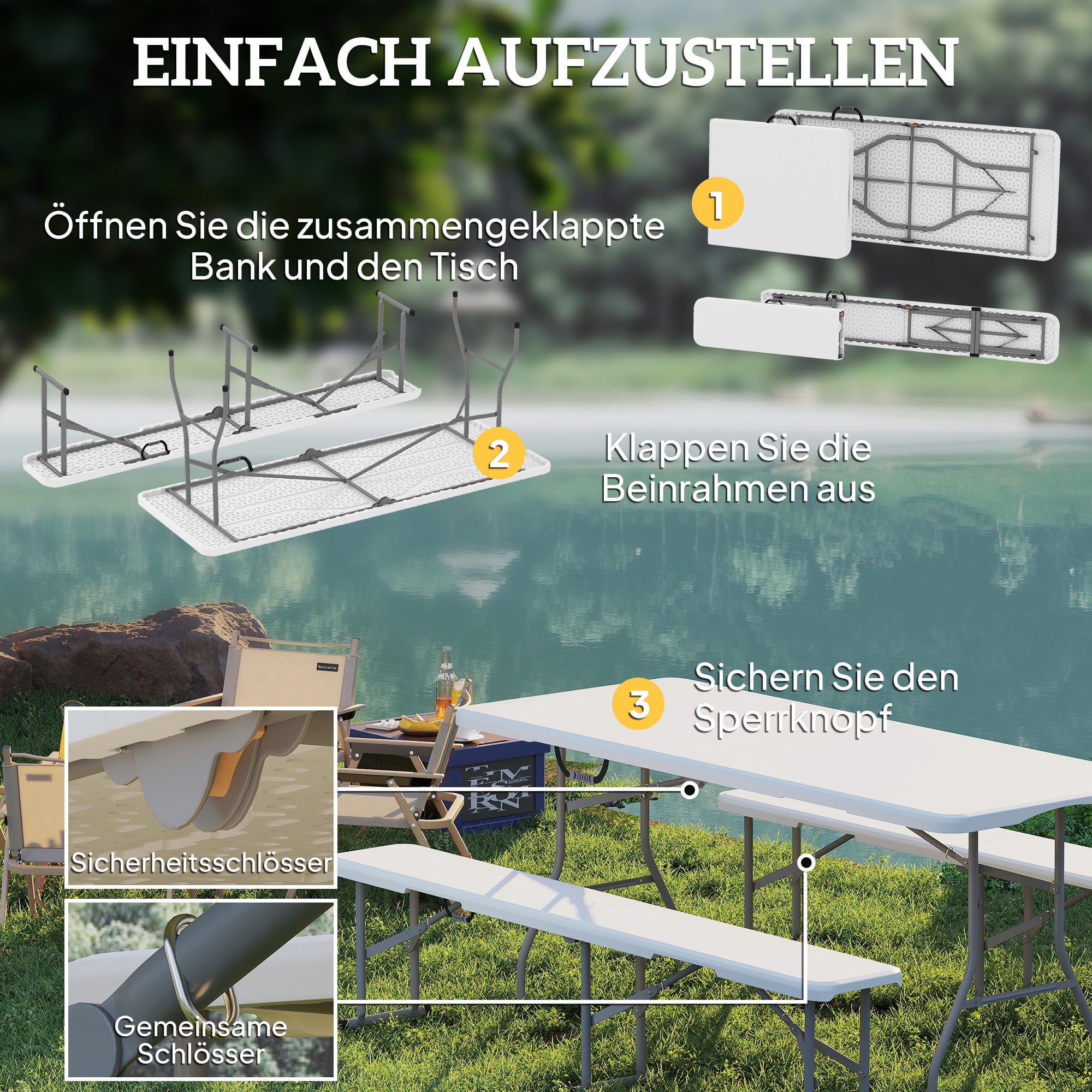 Folding Beer Tent Set 3-piece Camping Table, 2 Beer Benches with Carrying Handle, Beer Tent Set for Balcony, Garden, Party Tent 180 x 74 x 74 cm