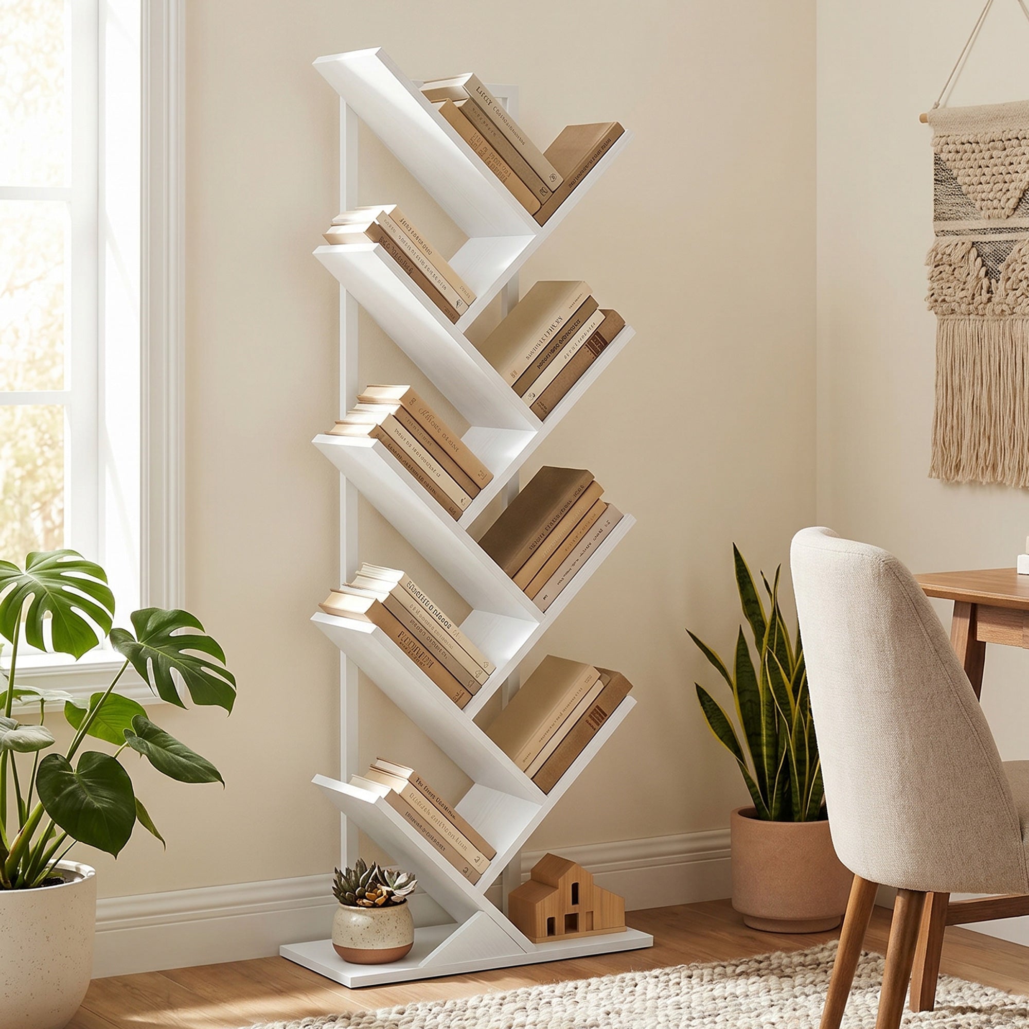 Tree-Shaped 9-Tier Slim Bookshelf, Corner/Storage Shelf for CDs, DVDs, Vinyl, Living Room, Bedroom, Office, White