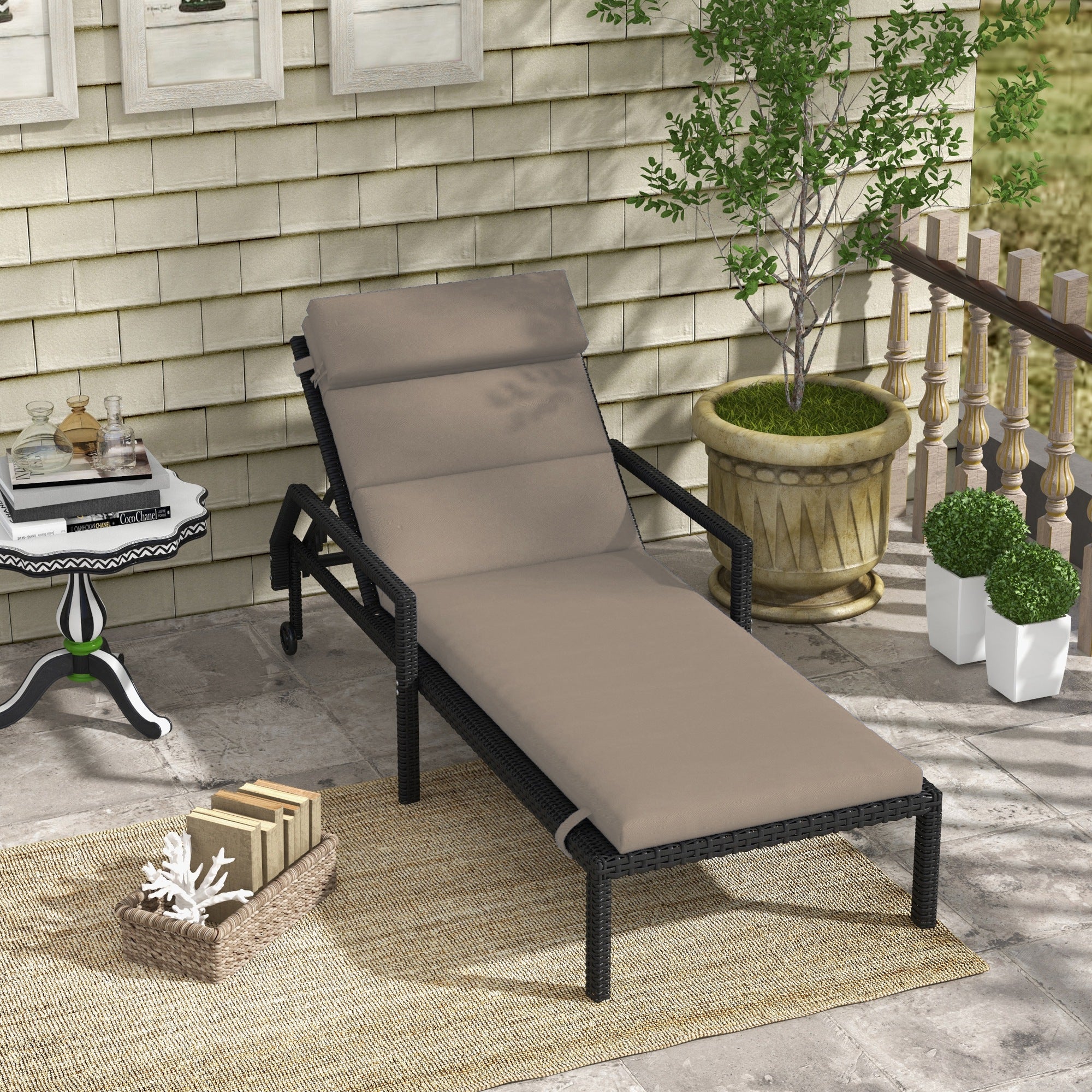 Sun Lounger and Sunbed Cushion, Padded Cushion with Headrest and Durable Water Resistant Polyester Ties, Dark Grey