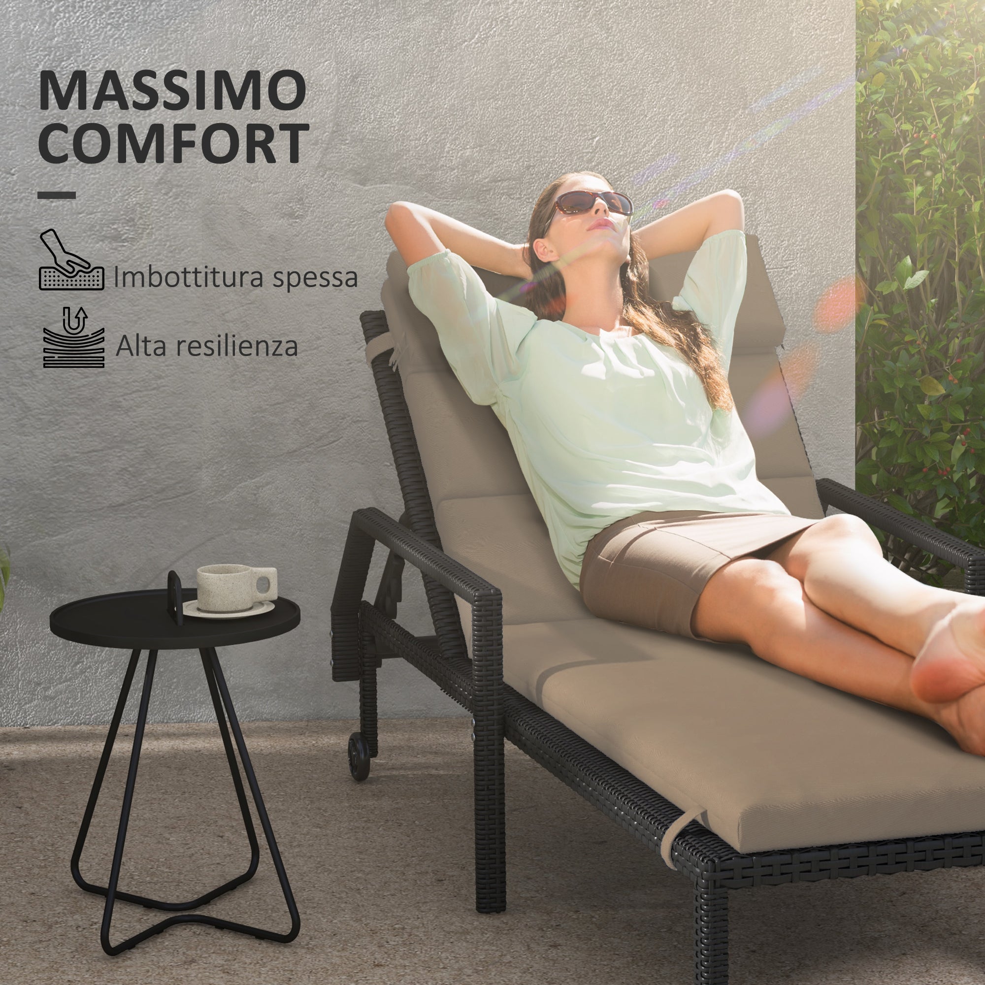 Sun Lounger and Sunbed Cushion, Padded Cushion with Headrest and Durable Water Resistant Polyester Ties, Dark Grey