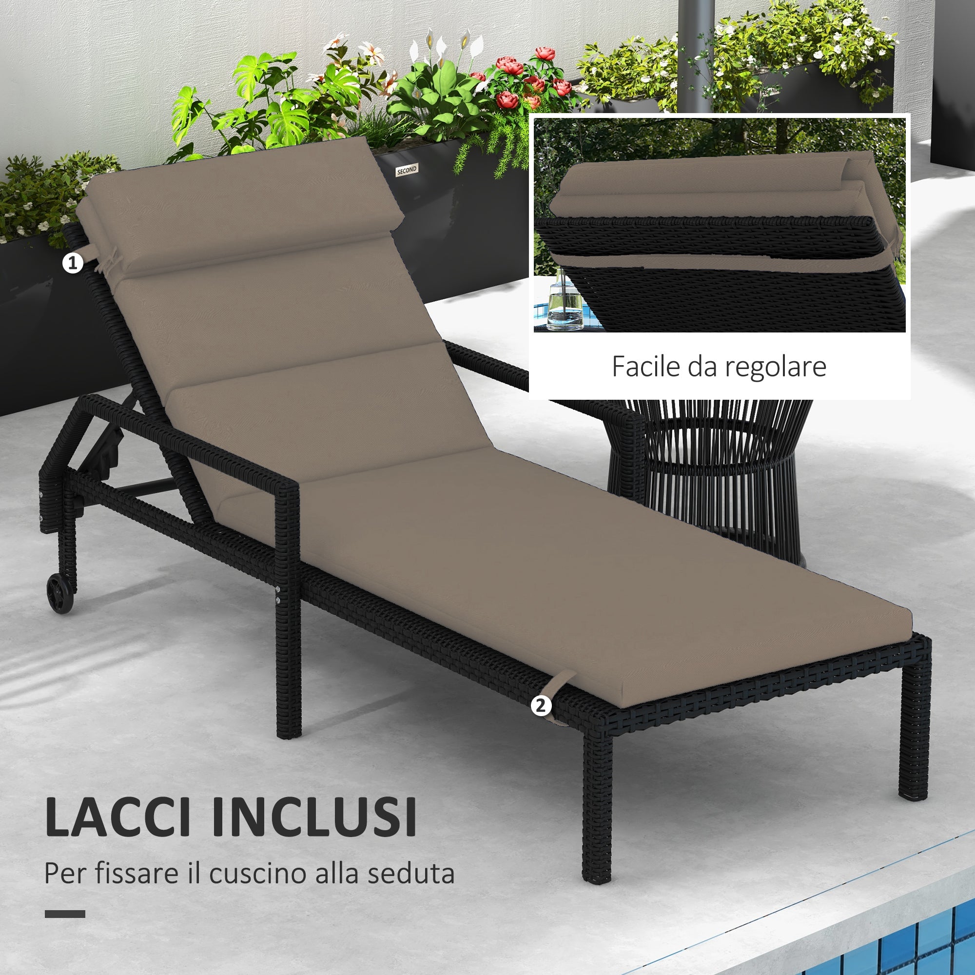 Sun Lounger and Sunbed Cushion, Padded Cushion with Headrest and Durable Water Resistant Polyester Ties, Dark Grey