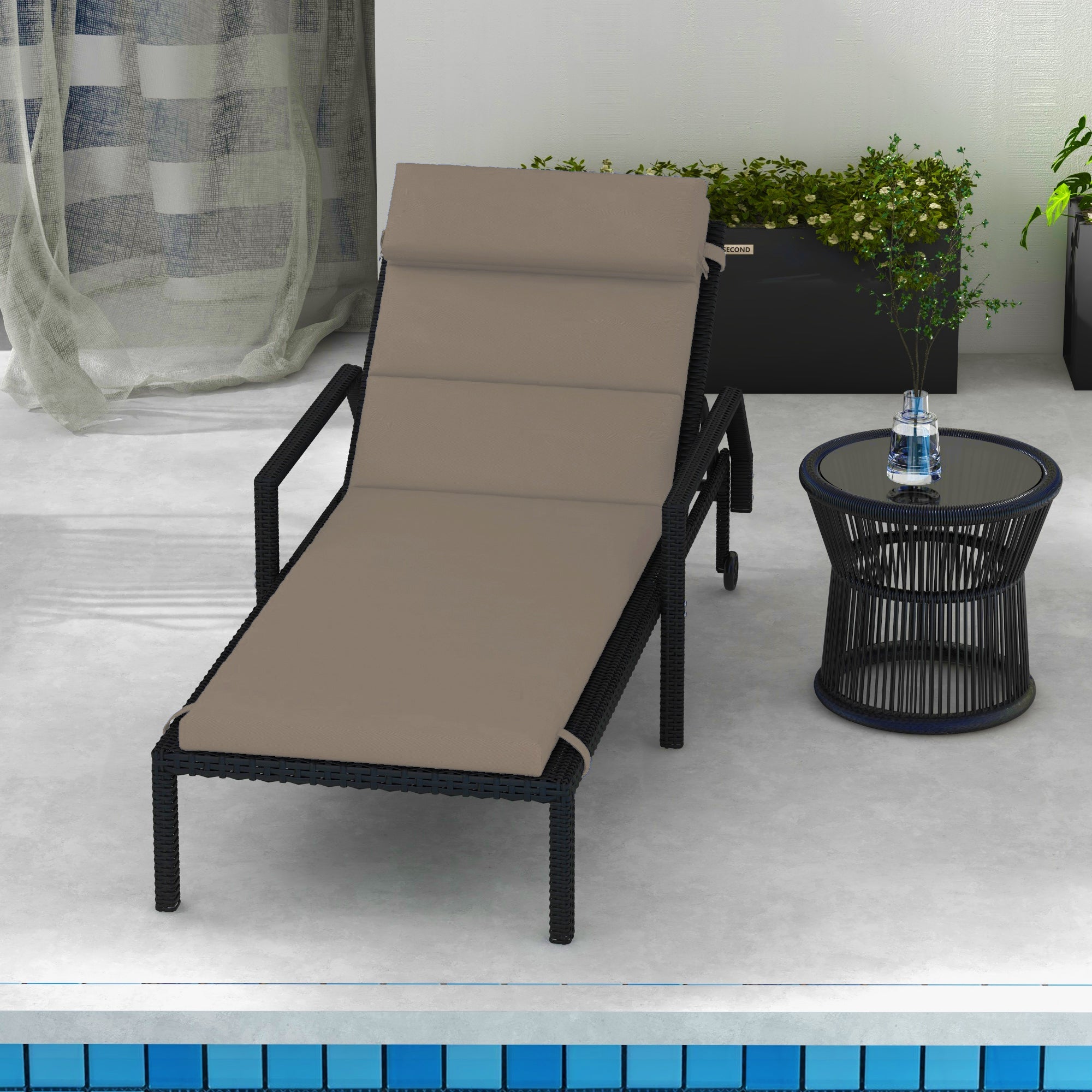 Sun Lounger and Sunbed Cushion, Padded Cushion with Headrest and Durable Water Resistant Polyester Ties, Dark Grey