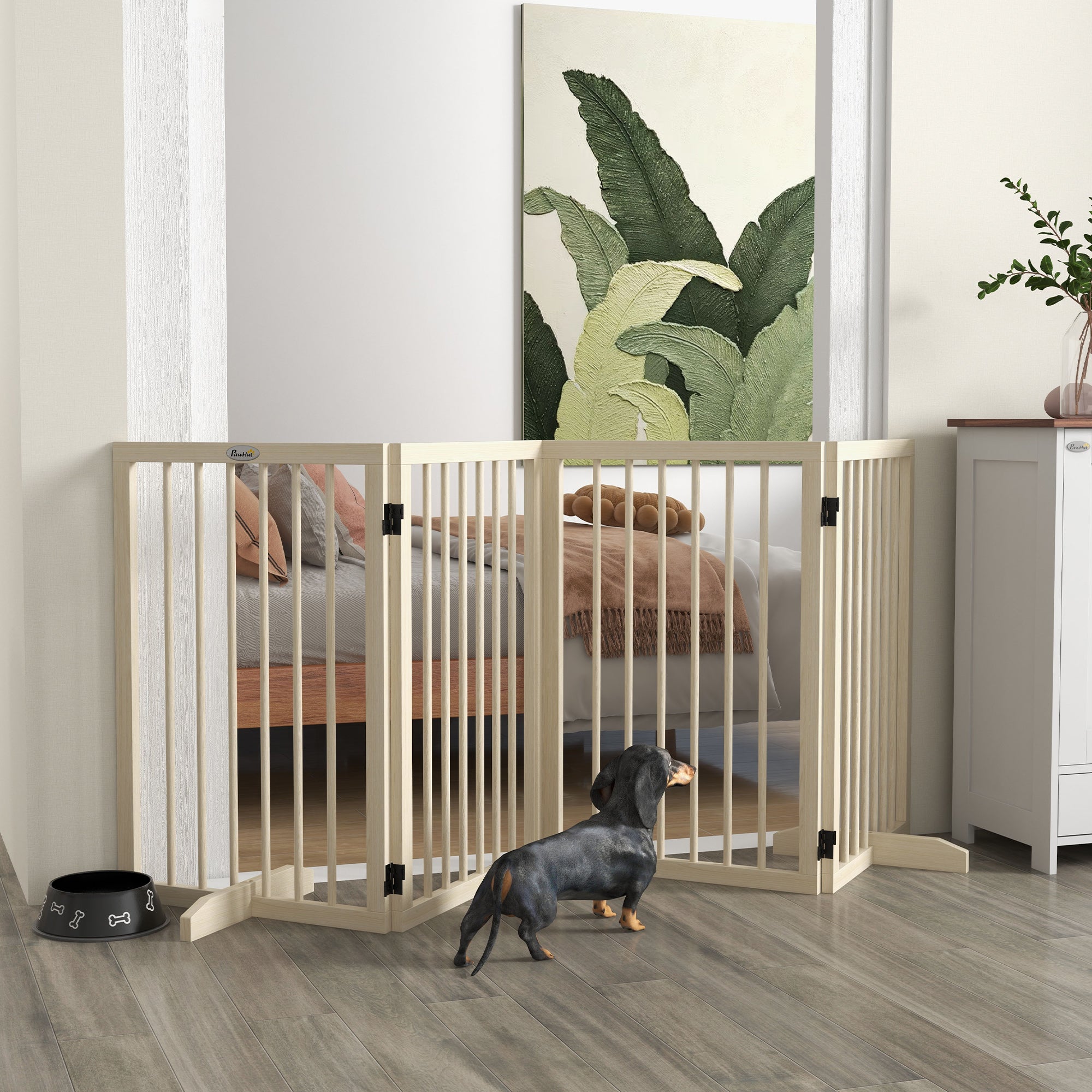 Dog Safety Barrier Modular Foldable 4-Panel Pet Fence in Wood with Support Feet - 206 x 35.5 x 76 cm Natural Wood