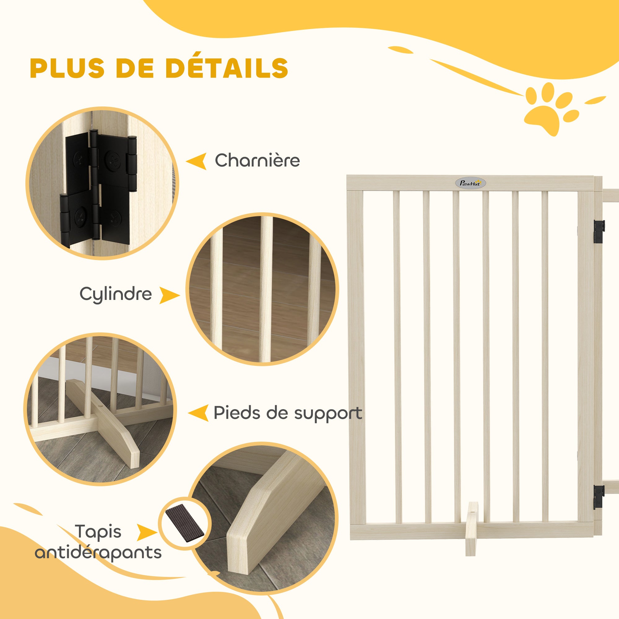 Dog Safety Barrier Modular Foldable 4-Panel Pet Fence in Wood with Support Feet - 206 x 35.5 x 76 cm Natural Wood