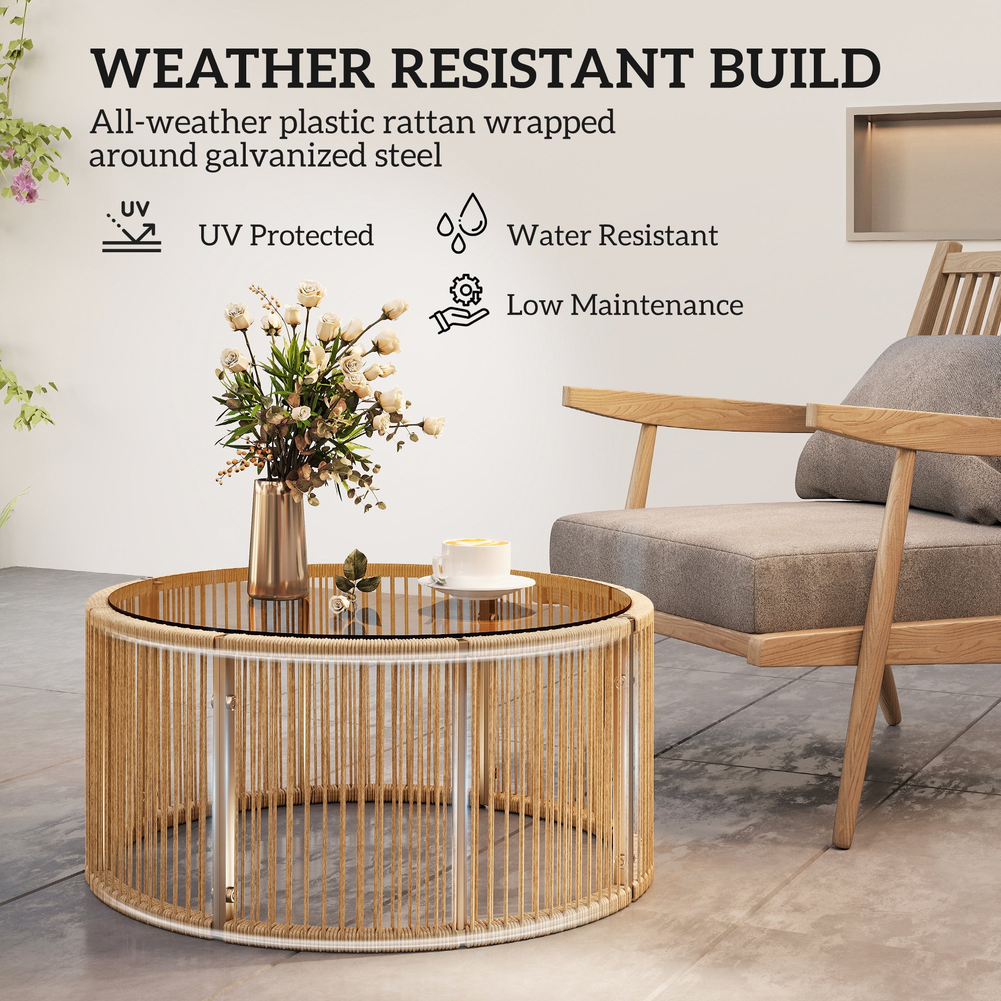 Polyrattan Side Table – Coffee Table with Tempered Glass Top, Powder-Coated Steel Frame for Garden, Terrace, Balcony, 27.6 x 27.6 x 13 in (70 x 70 x 33 cm), Brown