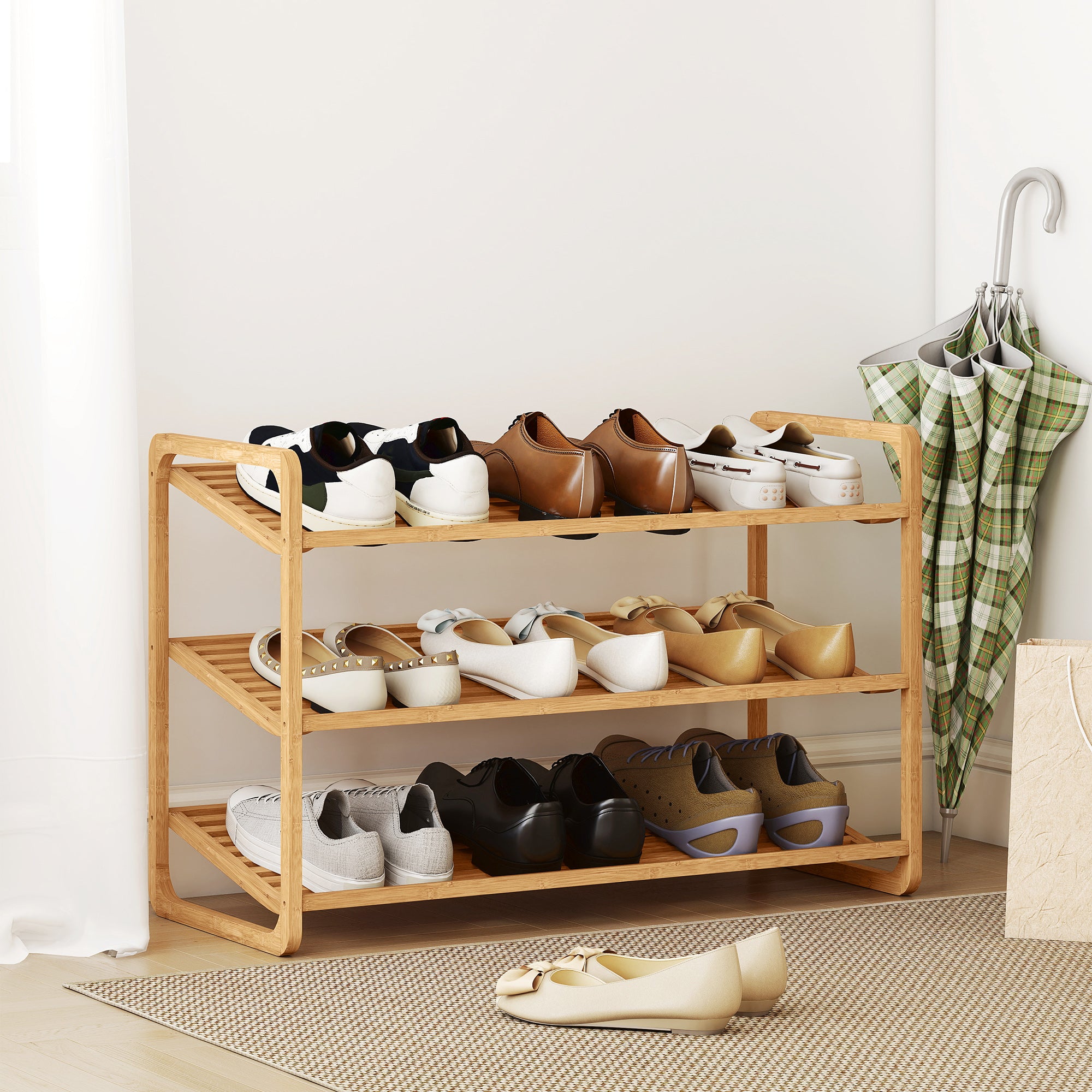 3-Tier Bamboo Shoe Rack for 12 Pairs of Shoes Entryway Shoe Storage Organizer 76x33x50.8 cm Natural