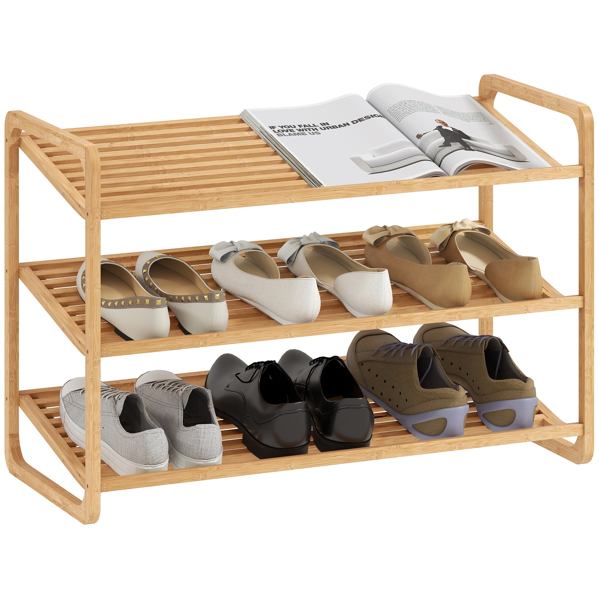 3-Tier Bamboo Shoe Rack for 12 Pairs of Shoes Entryway Shoe Storage Organizer 76x33x50.8 cm Natural