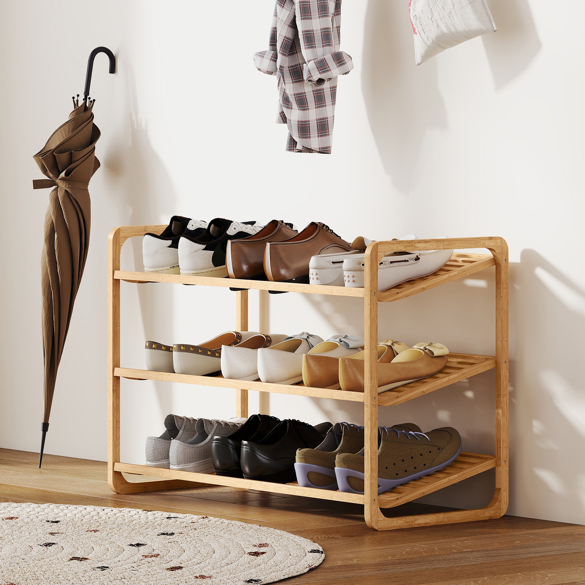 3-Tier Bamboo Shoe Rack for 12 Pairs of Shoes Entryway Shoe Storage Organizer 76x33x50.8 cm Natural