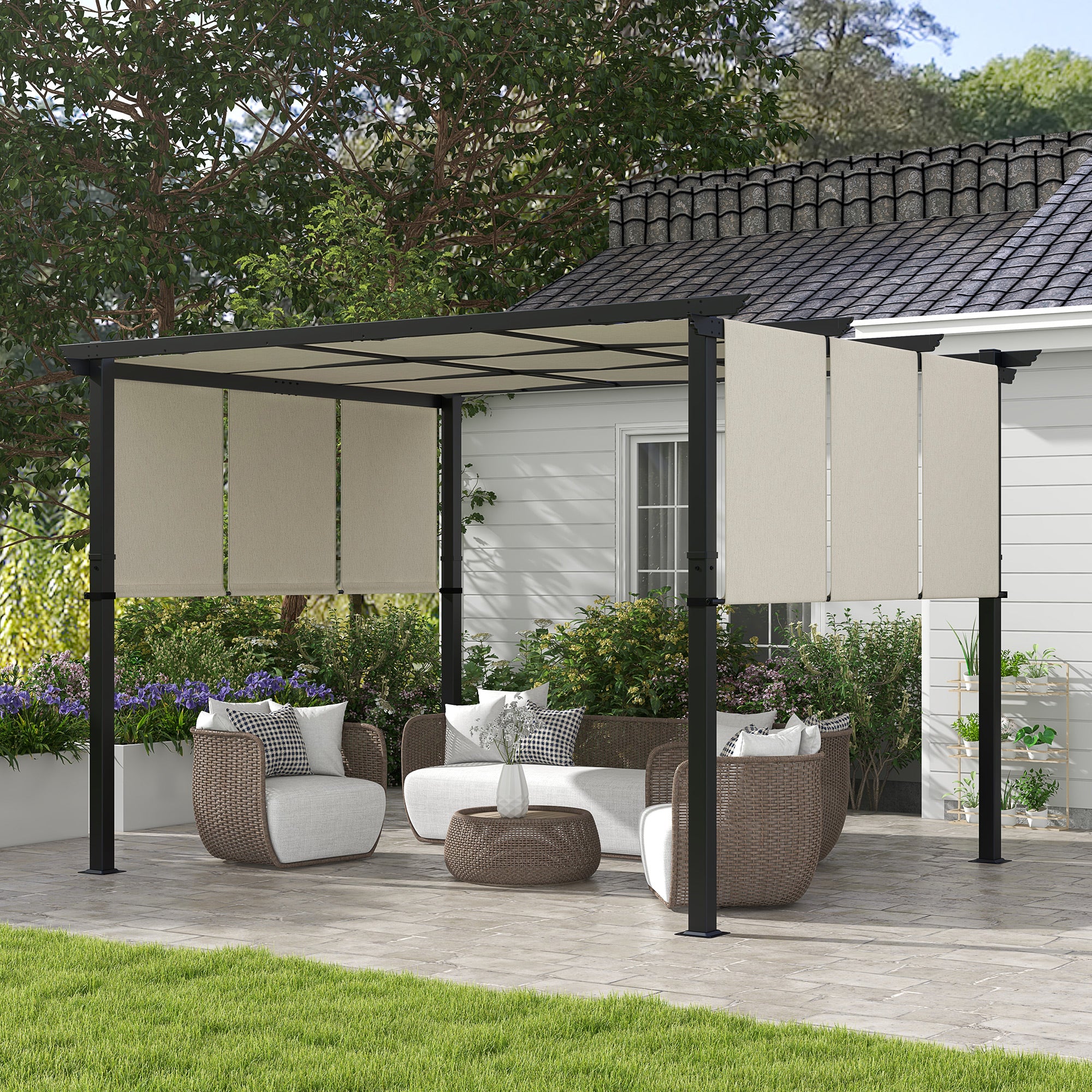Pergola approx. 11.7 x 9.7 ft Garden Pavilion with Adjustable Roof, Freestanding Metal Patio Canopy for Terrace and Garden, Beige
