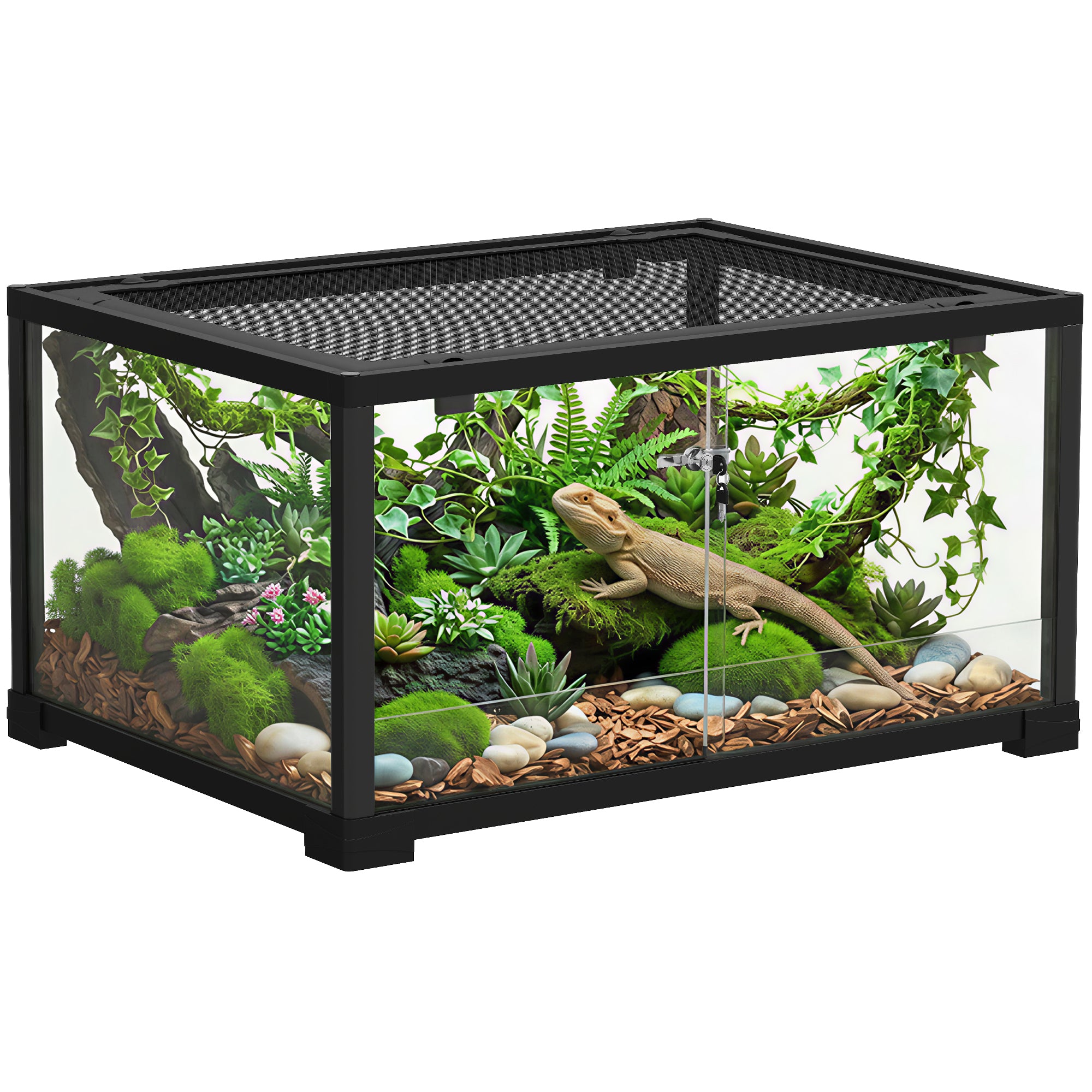 Glass Reptile Terrarium, Escape-Proof Sliding Door with Dual Lock, Black – 60 x 45 x 32 cm (86.3 L)