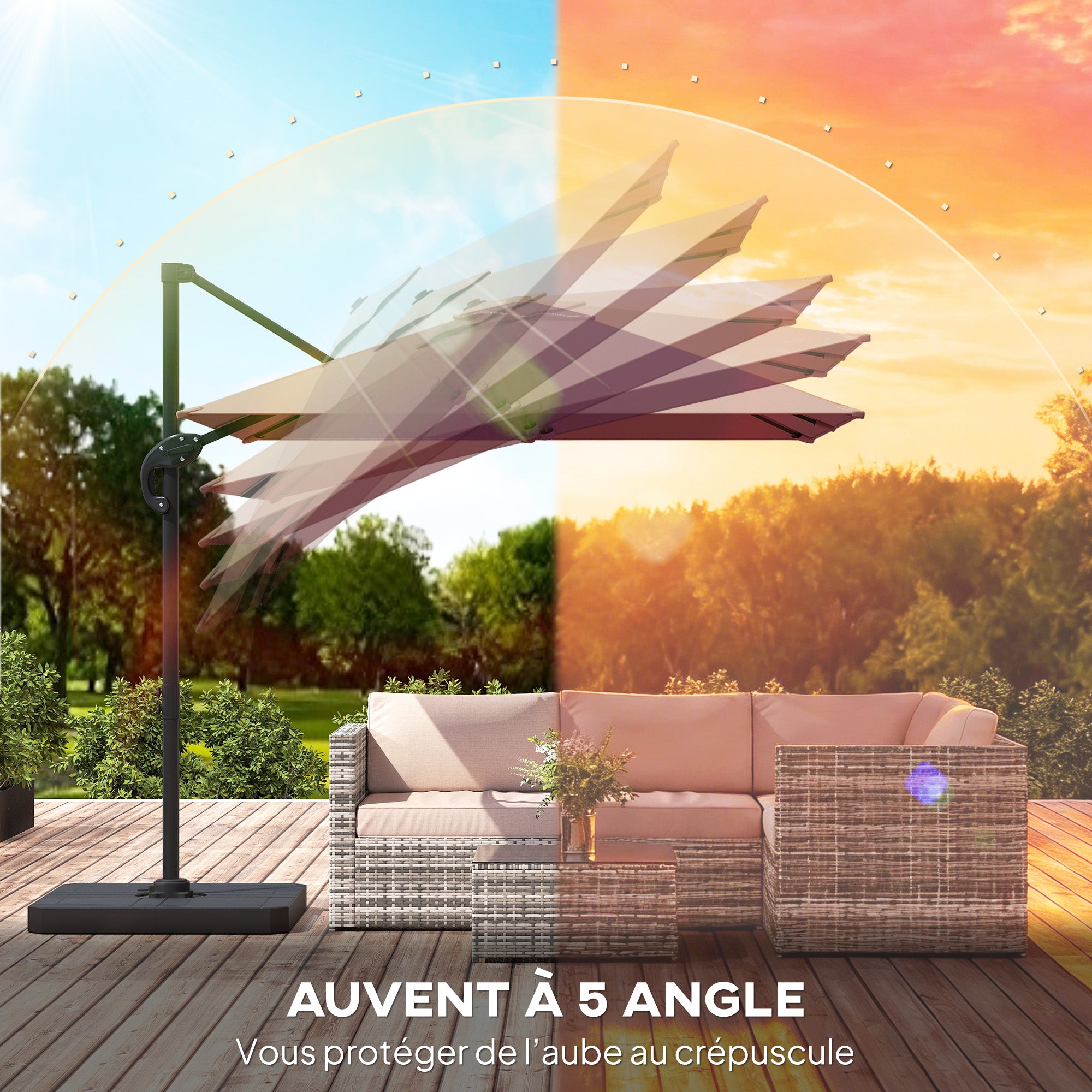 Offset Square Cantilever Umbrella 2.4 x 2.4 m (8' x 8') with Base & Weight Plates — Aluminum 360° Rotating Pedal Pole, UPF50+, 5-Position Tilt, Khaki