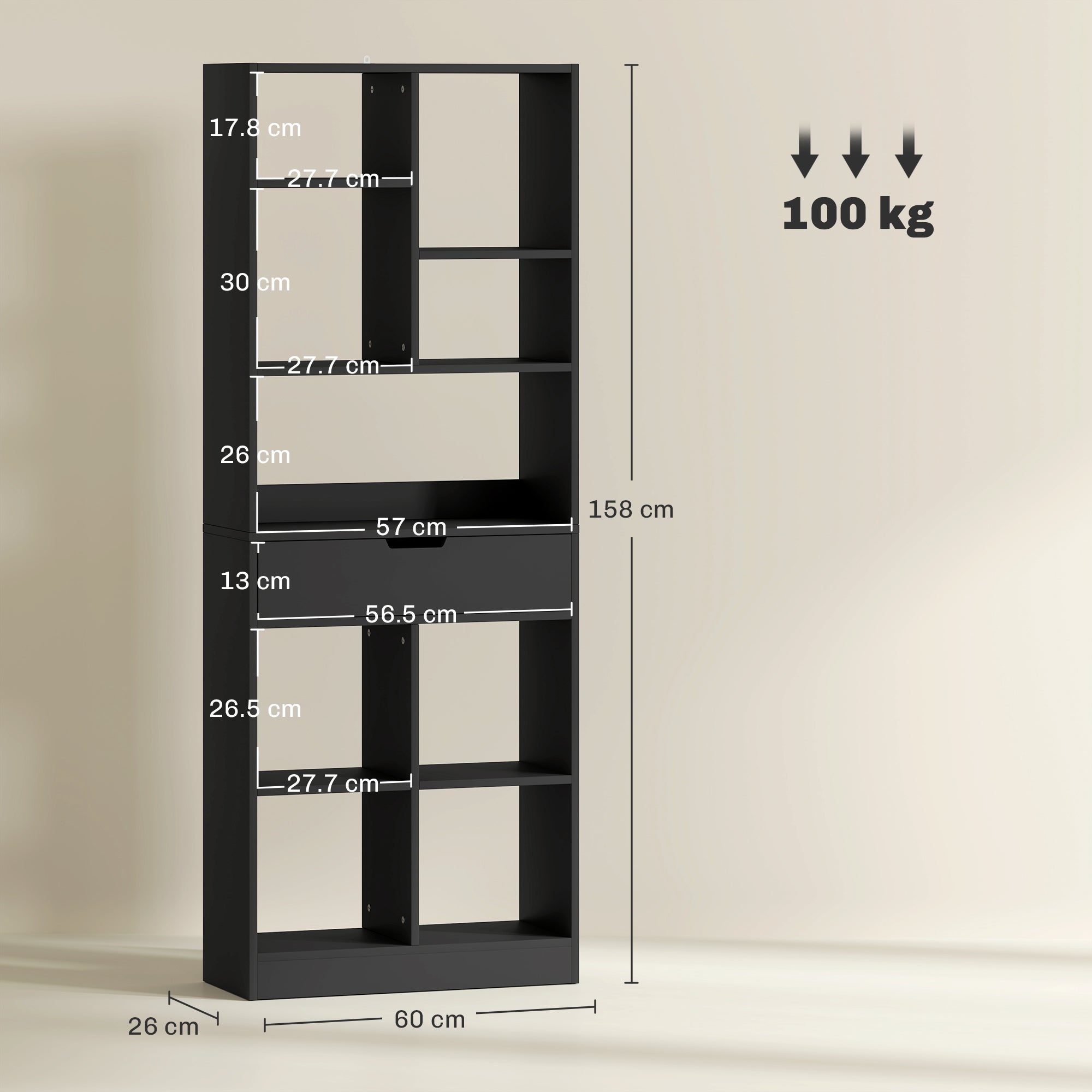 Bookshelf with Drawer and 9 Storage Compartments Bookshelf Shelving Unit for Living Room Office Study 60x26x158 cm Black