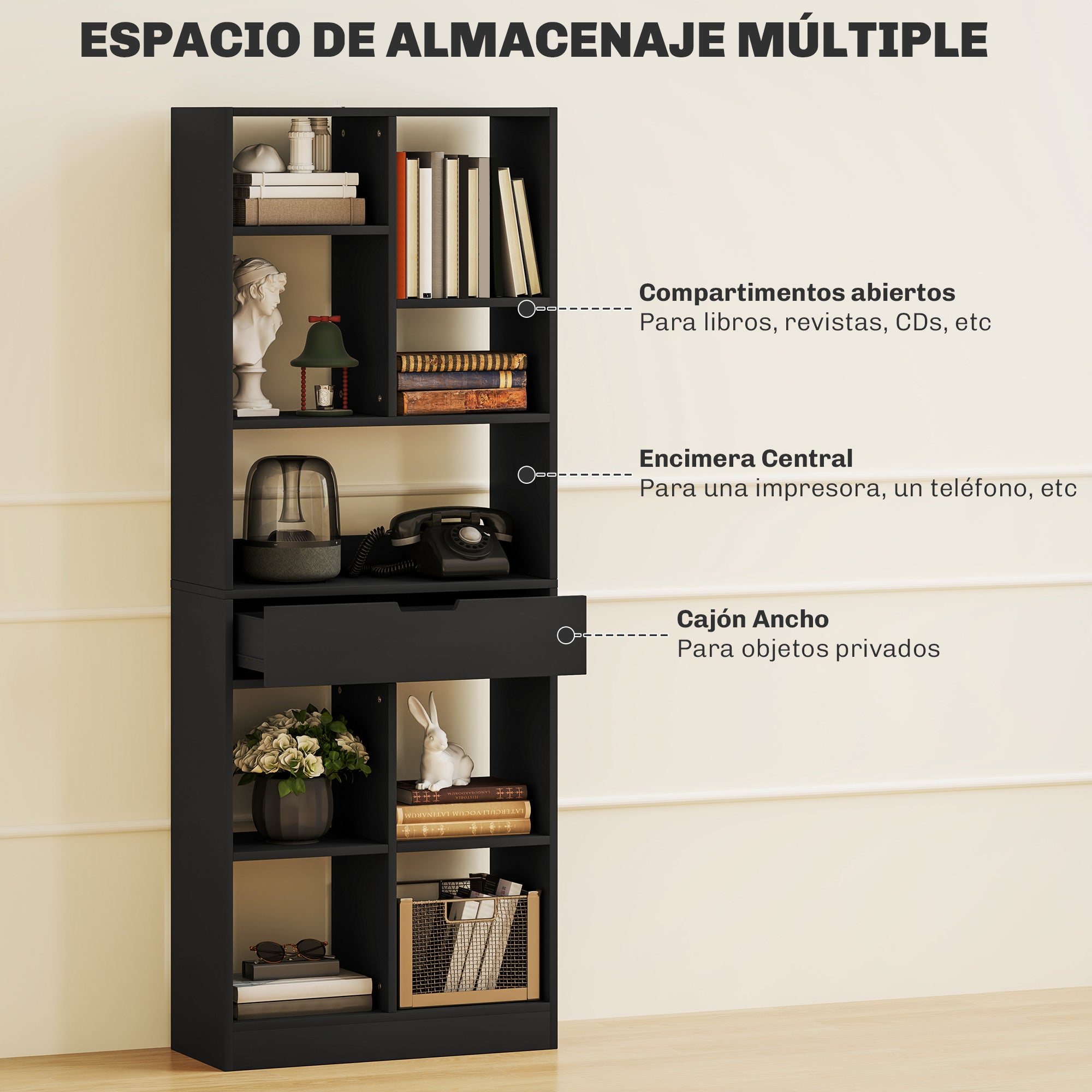 Bookshelf with Drawer and 9 Storage Compartments Bookshelf Shelving Unit for Living Room Office Study 60x26x158 cm Black