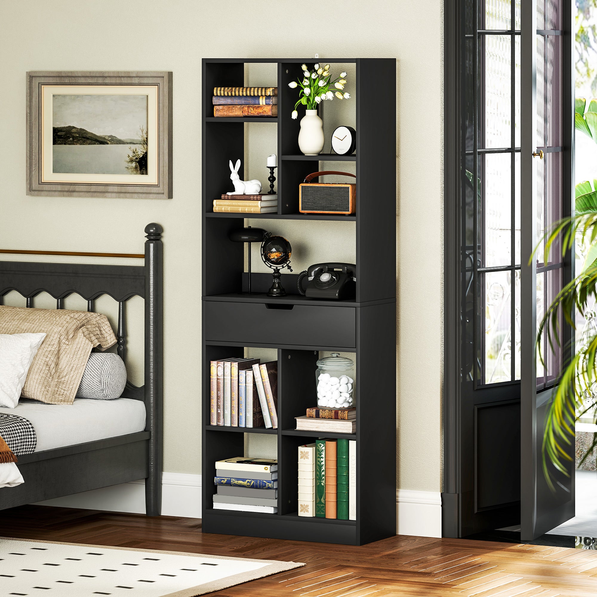 Bookshelf with Drawer and 9 Storage Compartments Bookshelf Shelving Unit for Living Room Office Study 60x26x158 cm Black