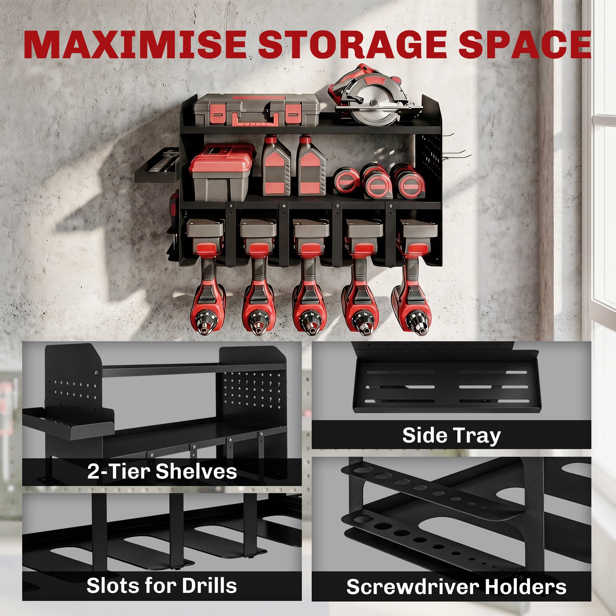 2-Tier Garden Tool Organizer — Wall-Mounted Rack with Hooks & Side Tray, Multi-Purpose Broom Holder for Garage & Shed, Holds up to 110 lb, 24.3 x 9.1 x 12.9 in, Black