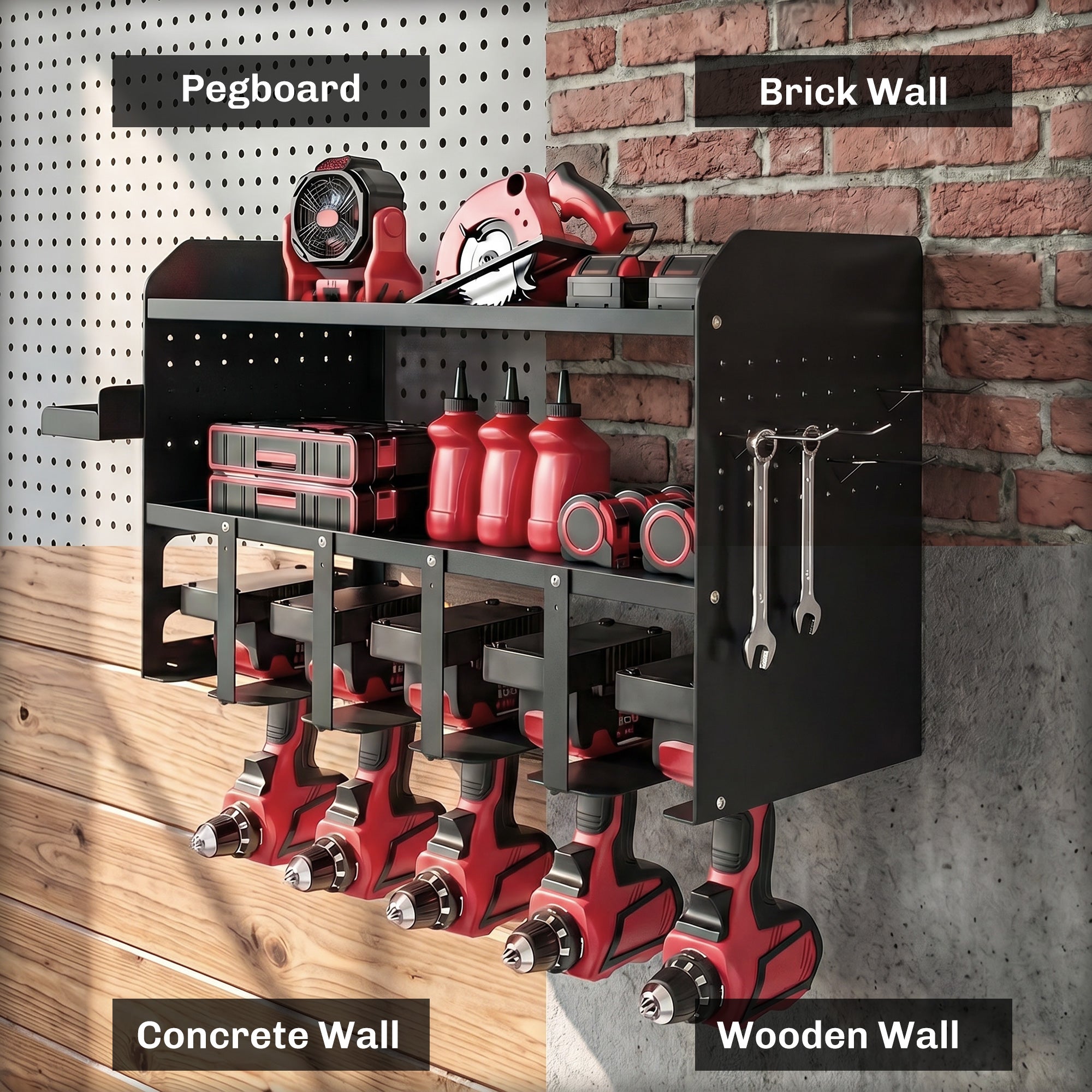 2-Tier Garden Tool Organizer — Wall-Mounted Rack with Hooks & Side Tray, Multi-Purpose Broom Holder for Garage & Shed, Holds up to 110 lb, 24.3 x 9.1 x 12.9 in, Black