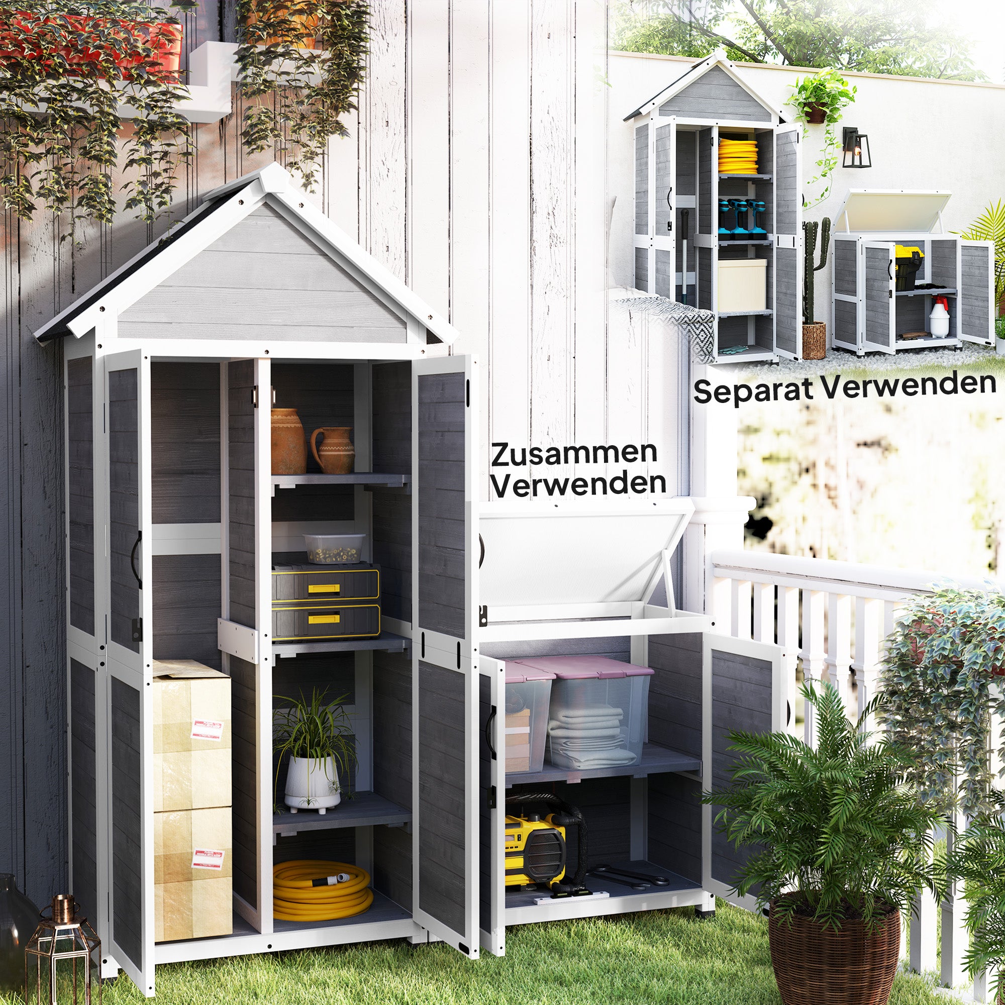 2 in 1 Garden Cabinet Wood, Tool Shed with Storage Cabinet Lockable Door Pent Roof Shelf 89x51x182cm, Weatherproof Tool Cabinet, Tool Shed for Garden, Patio, Light Gray