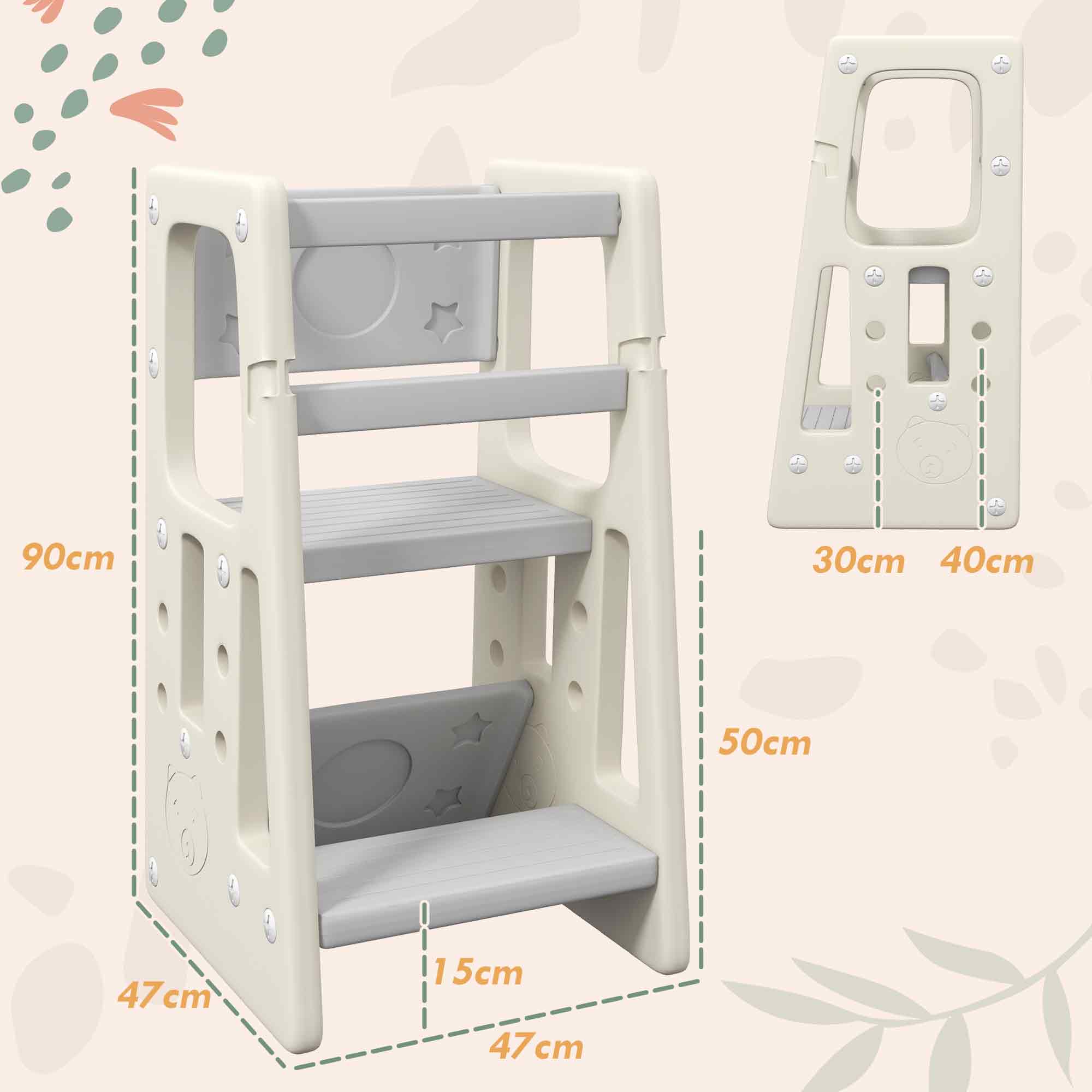 Learning Tower Observation Tower Montessori for Children 18 Months to 5 Years, Height Adjustable on 3 Levels in HDPE, Max. 65 kg 47 x 47 x 90 cm Cream Gray