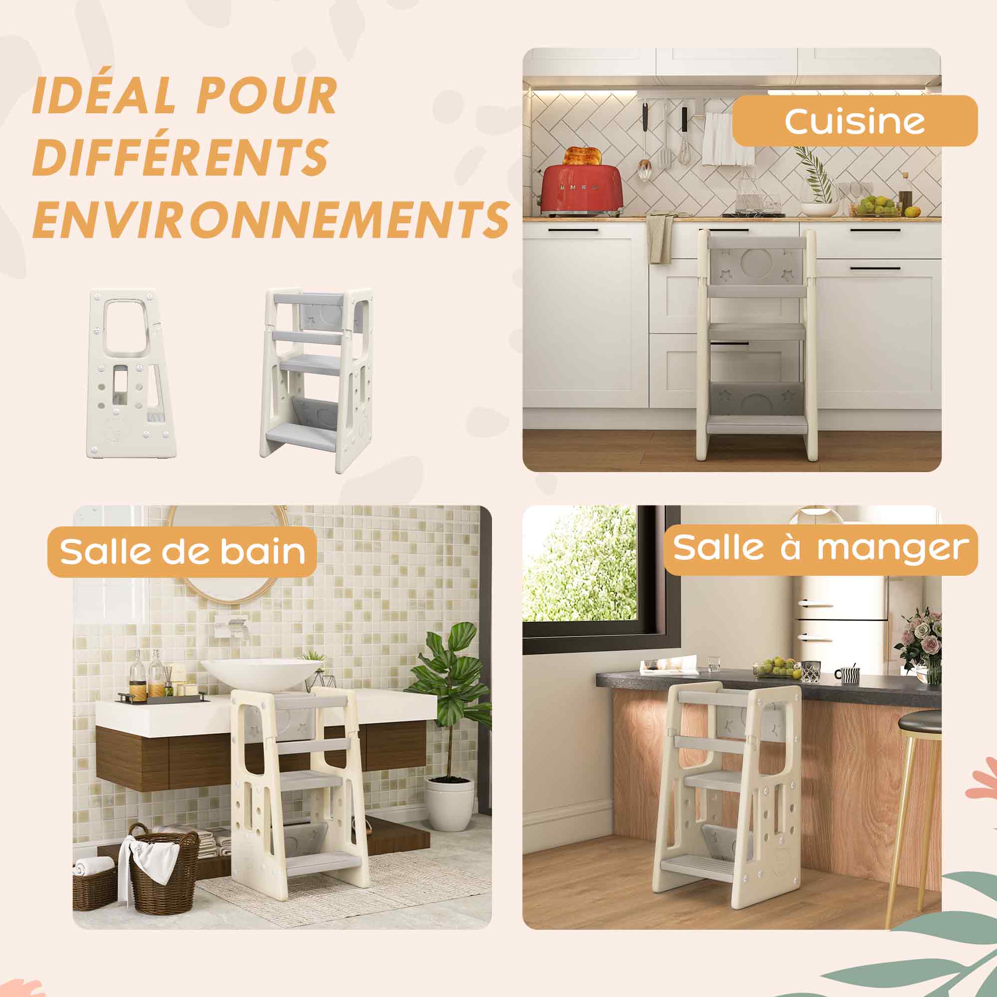 Learning Tower Observation Tower Montessori for Children 18 Months to 5 Years, Height Adjustable on 3 Levels in HDPE, Max. 65 kg 47 x 47 x 90 cm Cream Gray