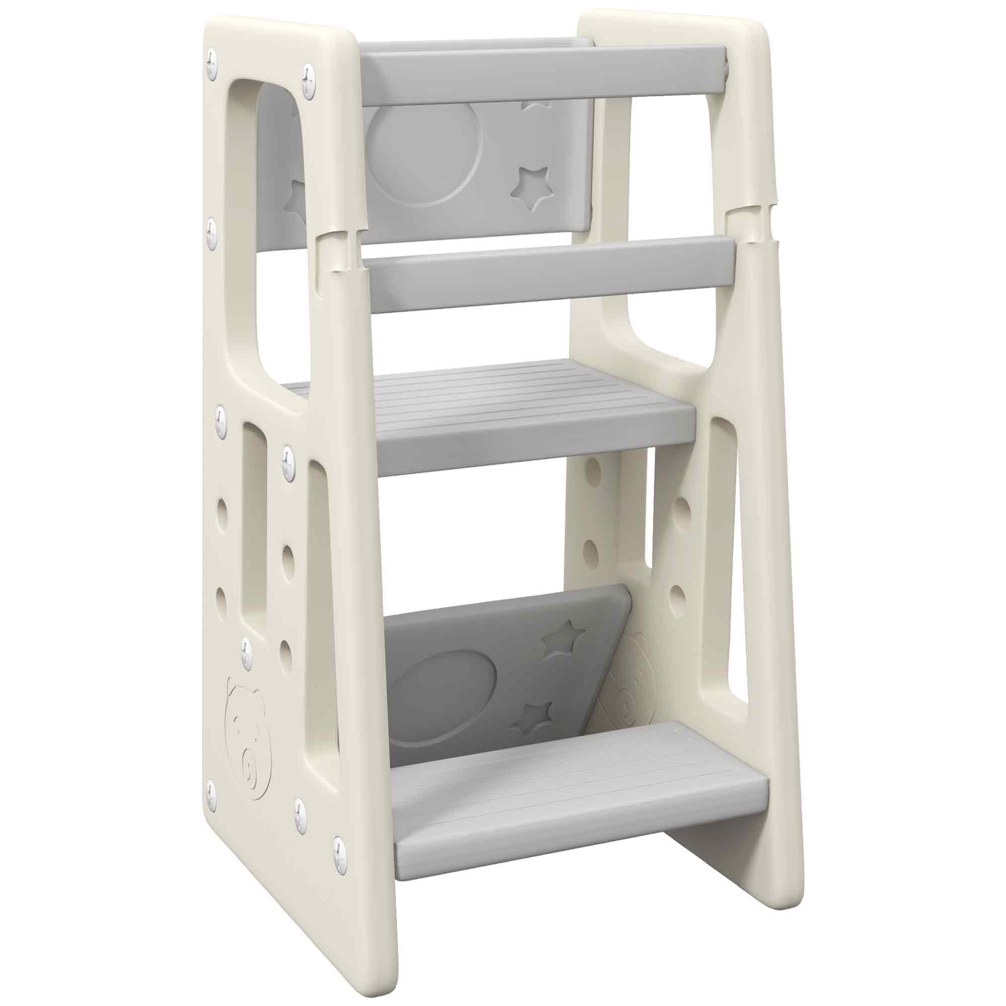 Learning Tower Observation Tower Montessori for Children 18 Months to 5 Years, Height Adjustable on 3 Levels in HDPE, Max. 65 kg 47 x 47 x 90 cm Cream Gray