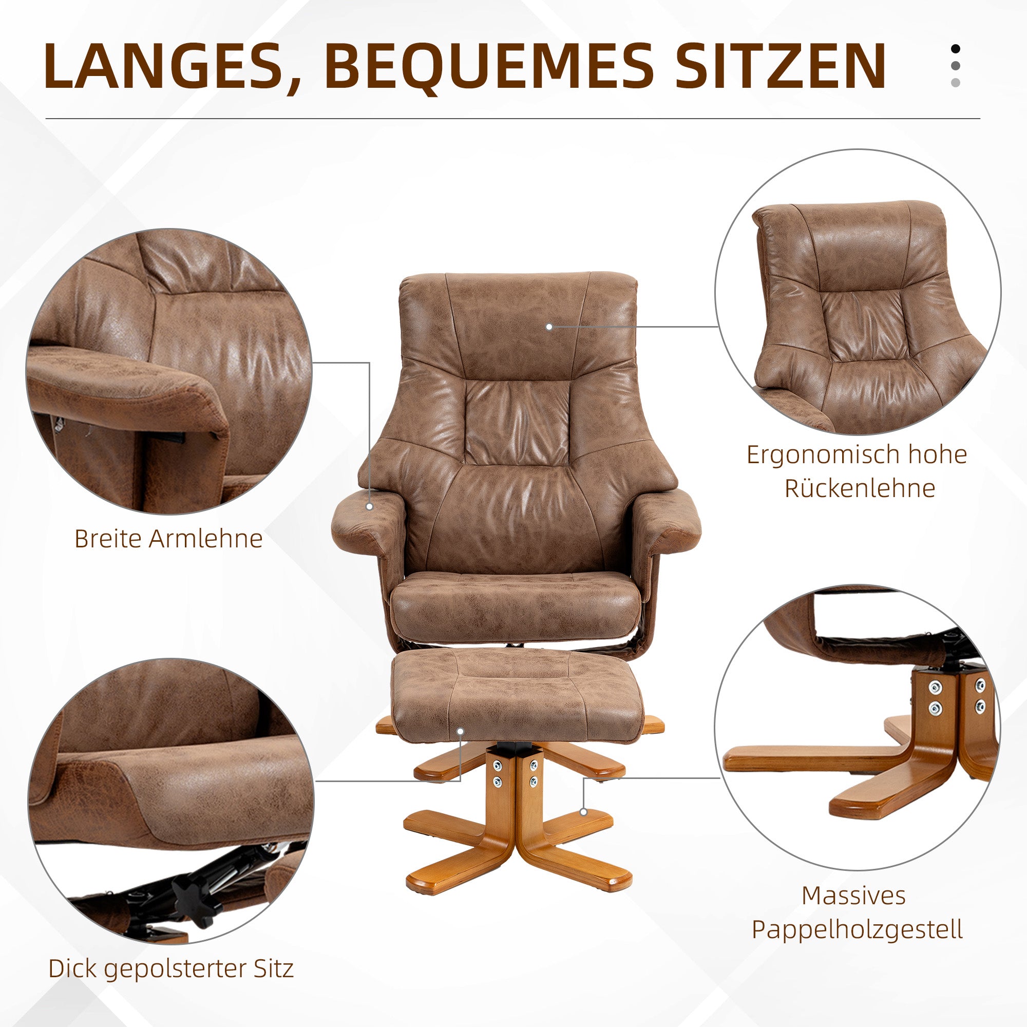 Recliner with Footstool, Swivel TV Armchair with Reclining Function, Upholstered Armchair for Living Room, Bedroom, Microfiber Brown, 78 x 82.5 x 109 cm
