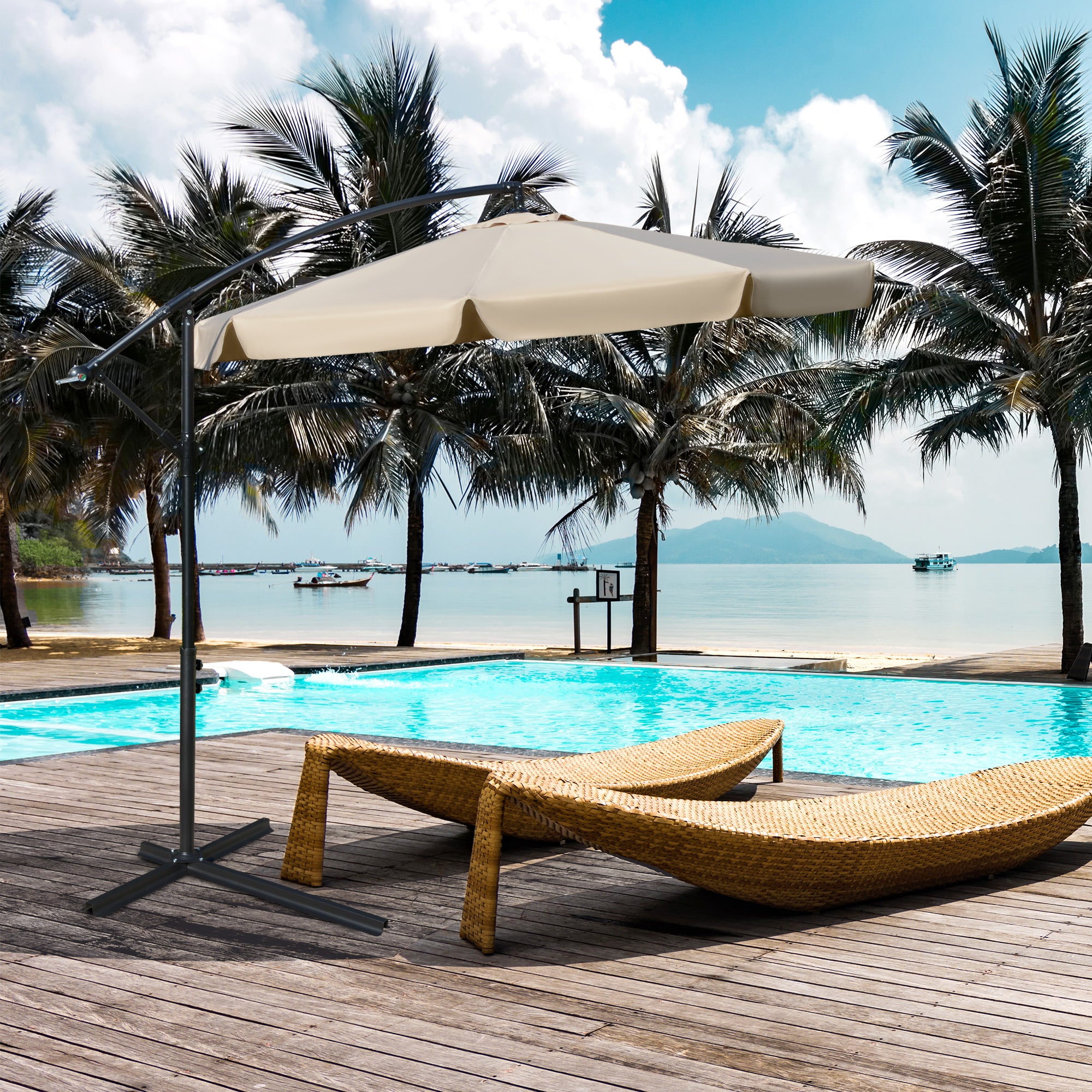 Offset Umbrella 2.7x2.7m with Adjustable Canopy, Cross Base, Air Vents, Crank, Metal and Polyester Garden Umbrella, for Courtyard Terrace, Light Brown