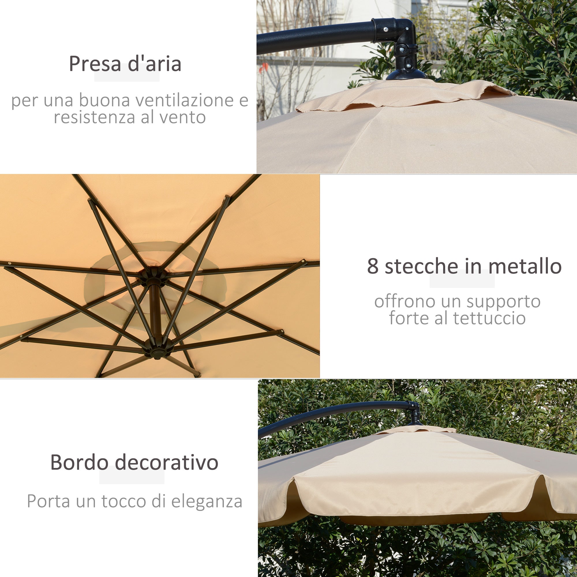 Offset Umbrella 2.7x2.7m with Adjustable Canopy, Cross Base, Air Vents, Crank, Metal and Polyester Garden Umbrella, for Courtyard Terrace, Light Brown