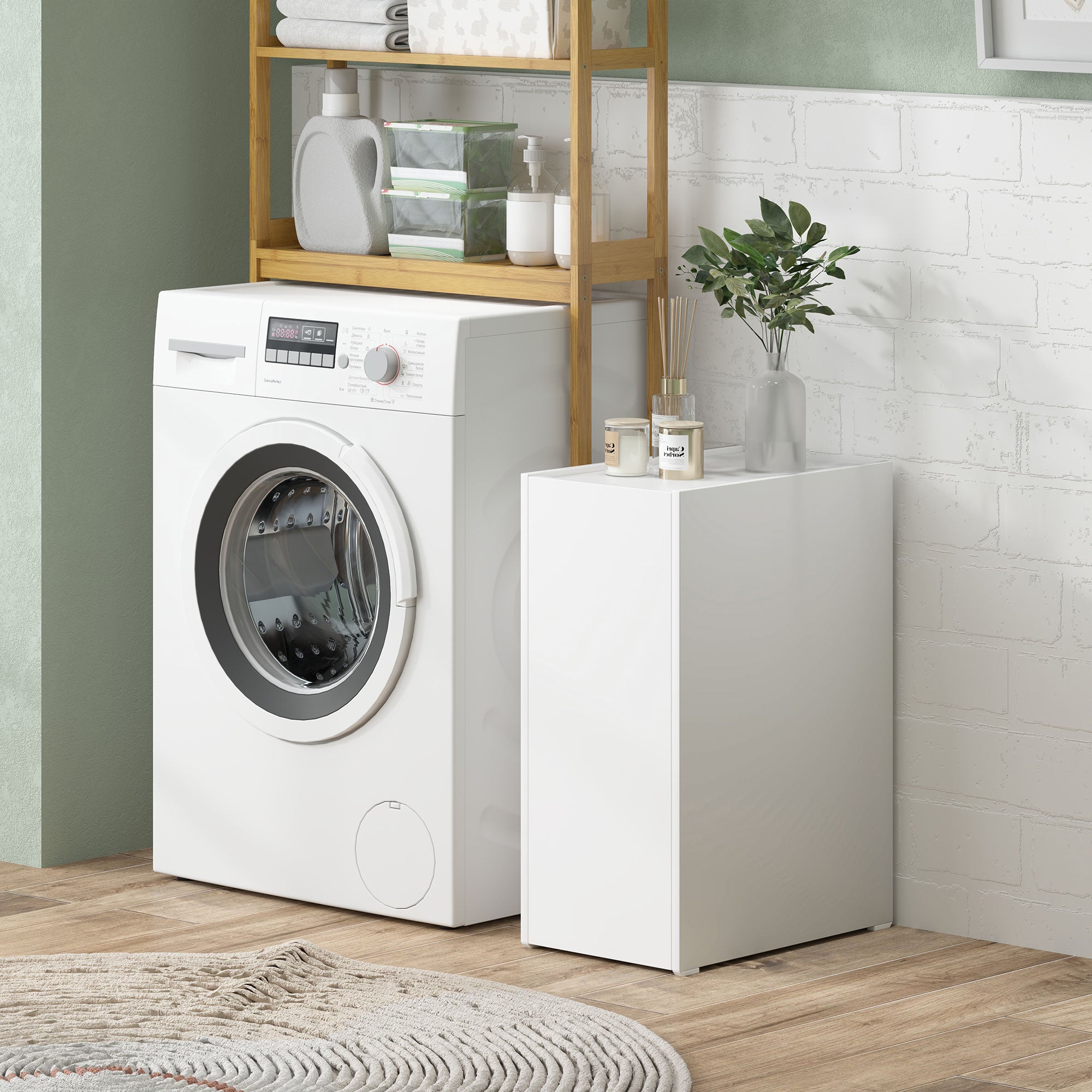 Narrow Bathroom Cabinet with Sliding Drawer and Wheels Bathroom Furniture with 3 Compartments Small Space Auxiliary Furniture 47x30x66.5 cm White